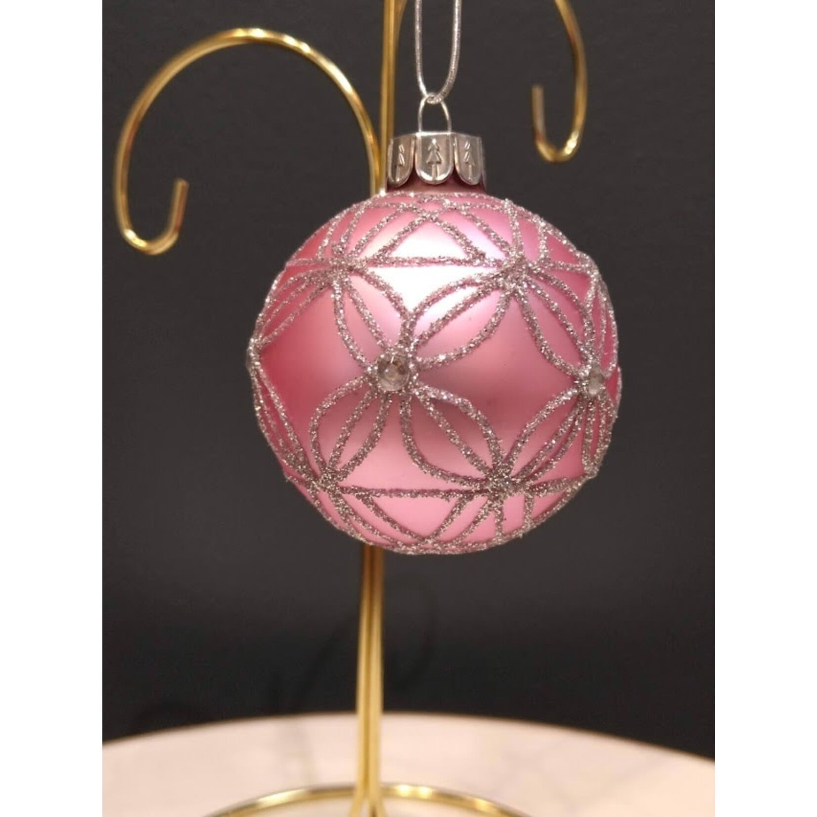Two's Company Pink & Silver Glitter Glass Ball Ornament 2.5" Small