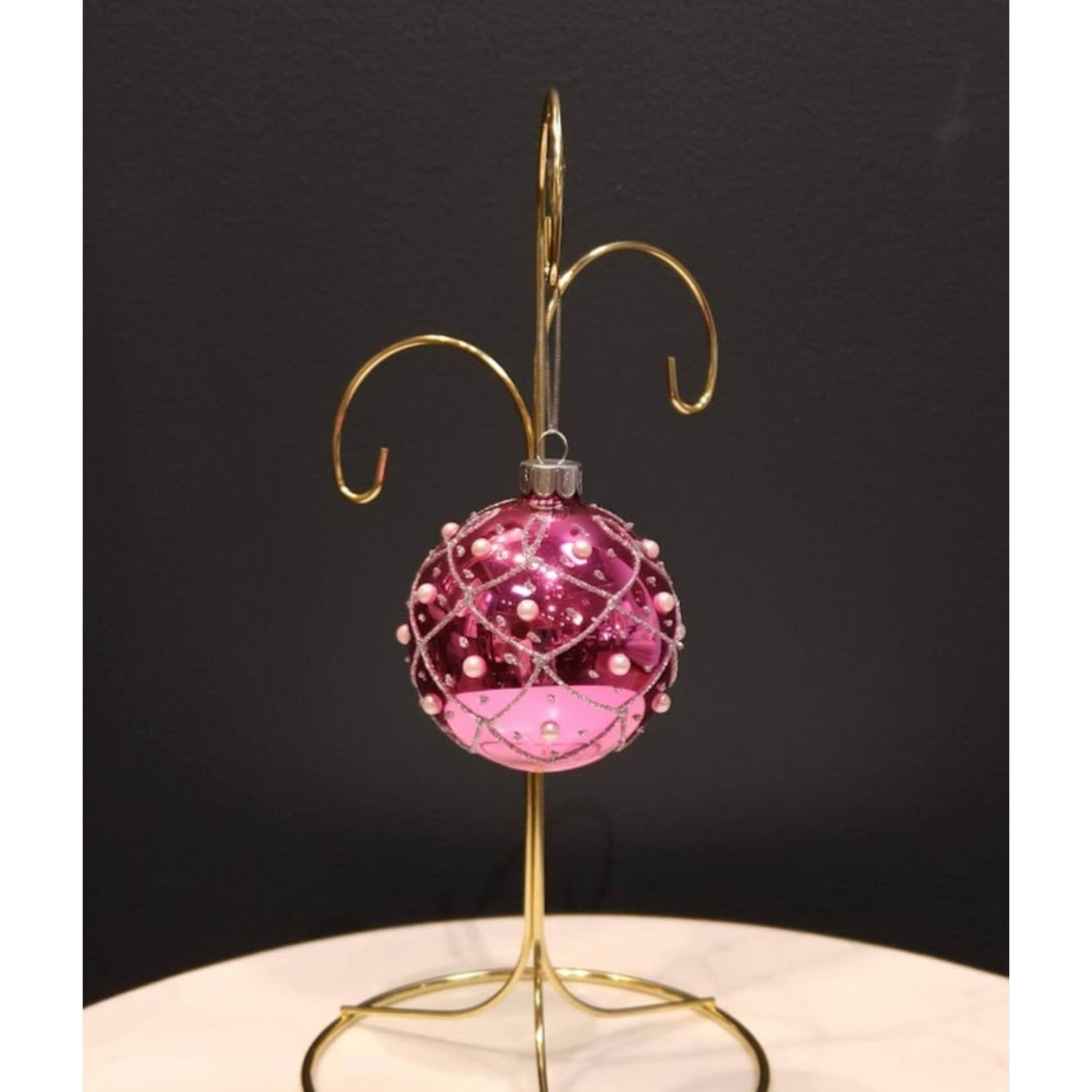 Two's Company Pink & Silver Glitter Glass Ball Ornament 3" Medium