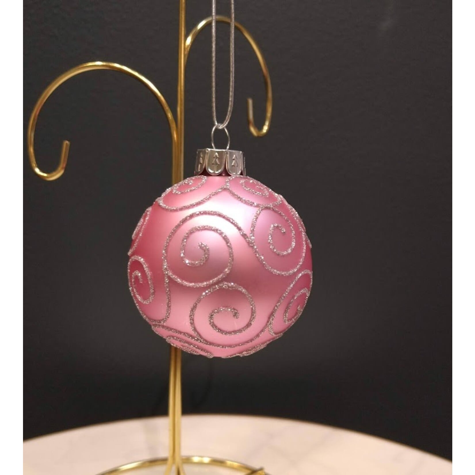 Two's Company Pink & Silver Glitter Glass Ball Ornament 4" Large
