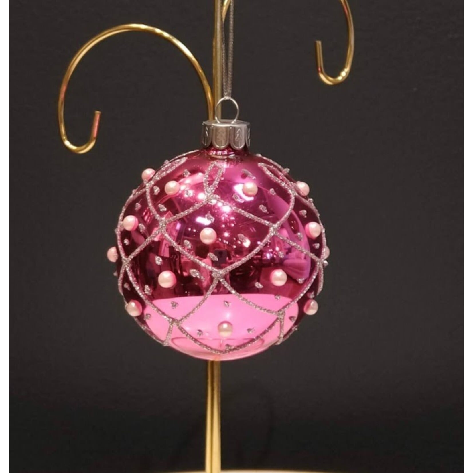 Two's Company Pink & Silver Glitter Glass Ball Ornament 4" Large