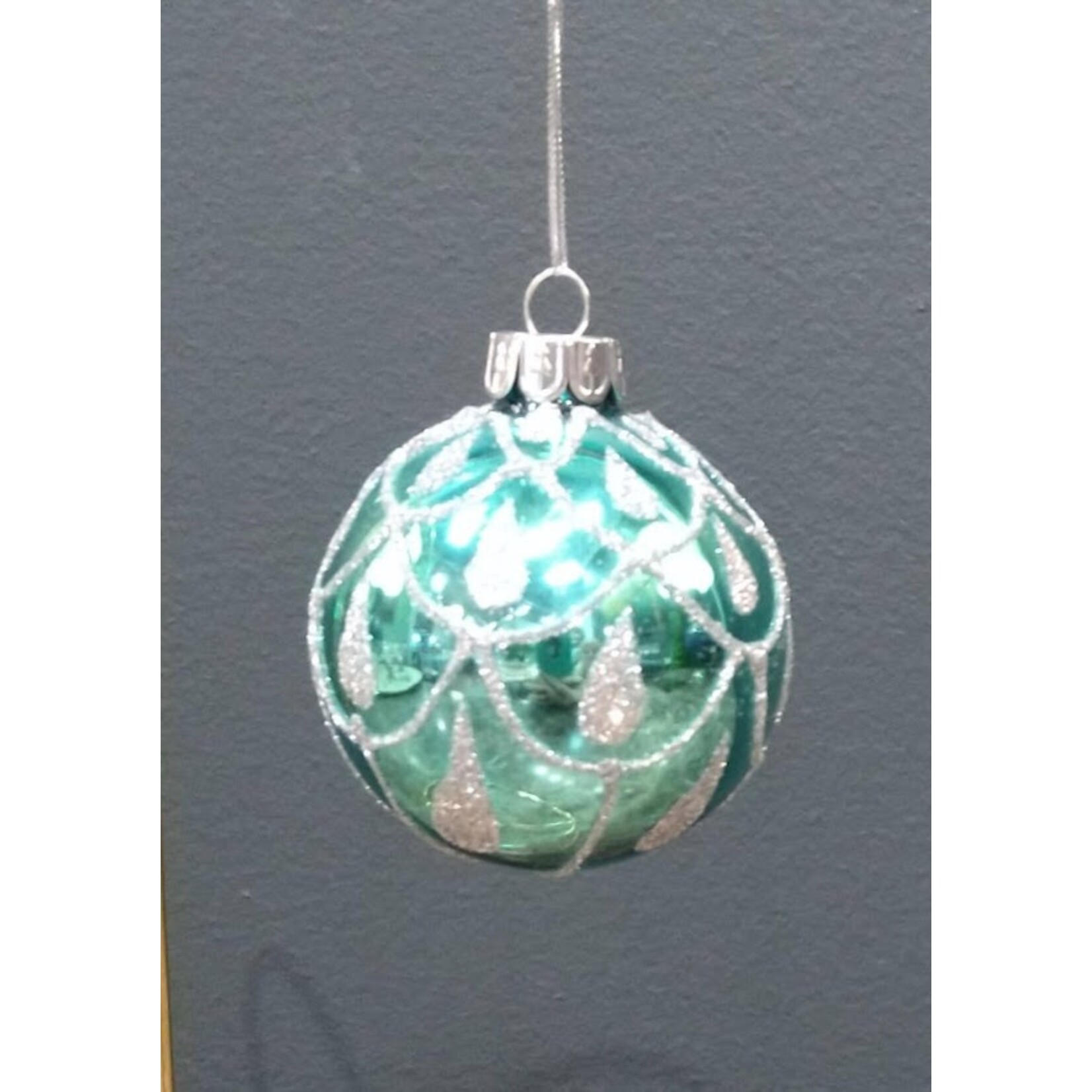 Two's Company Aqua & Silver Glitter Glass Ball Ornament 2.5" Small
