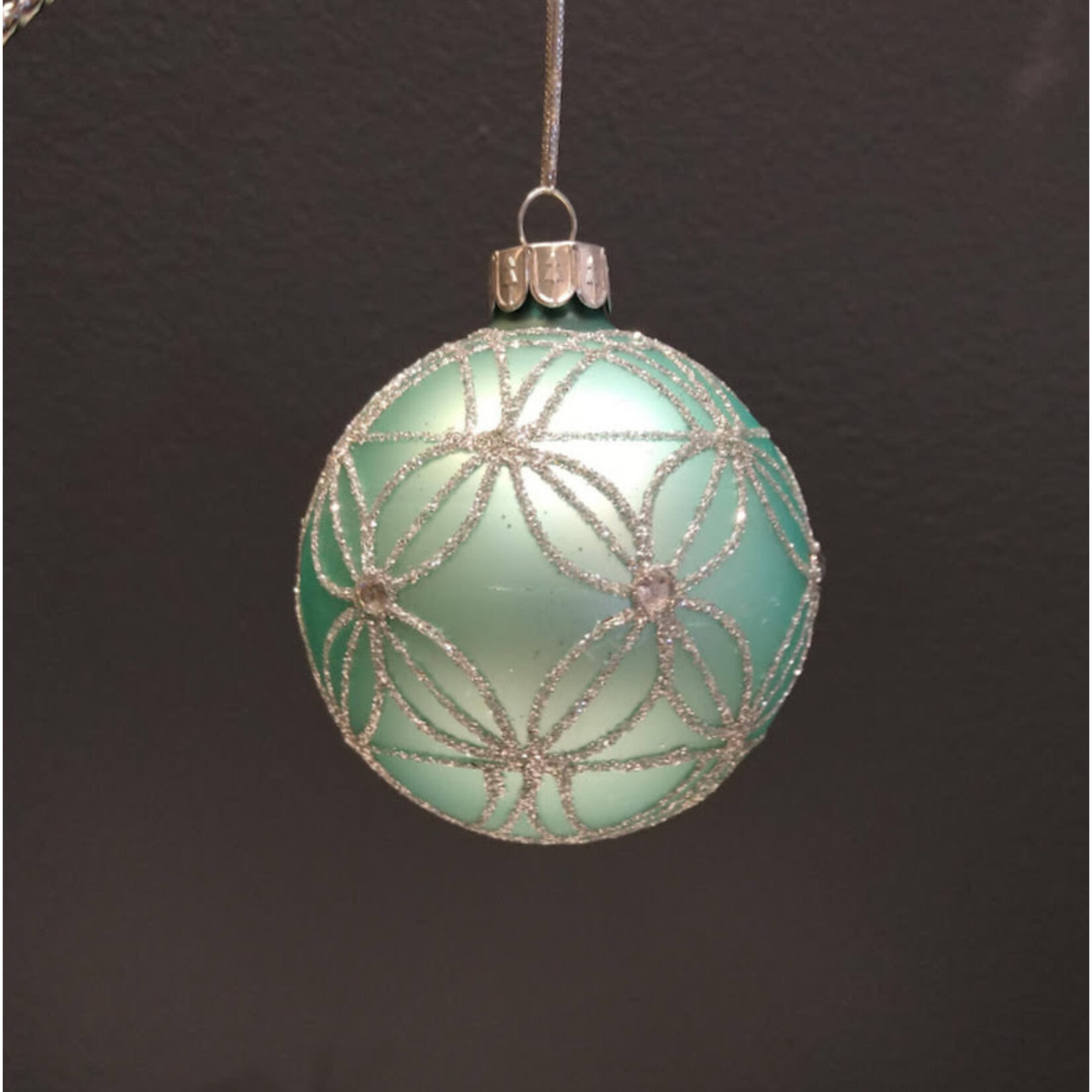 Two's Company Aqua & Silver Glitter Glass Ball Ornament 3" Medium