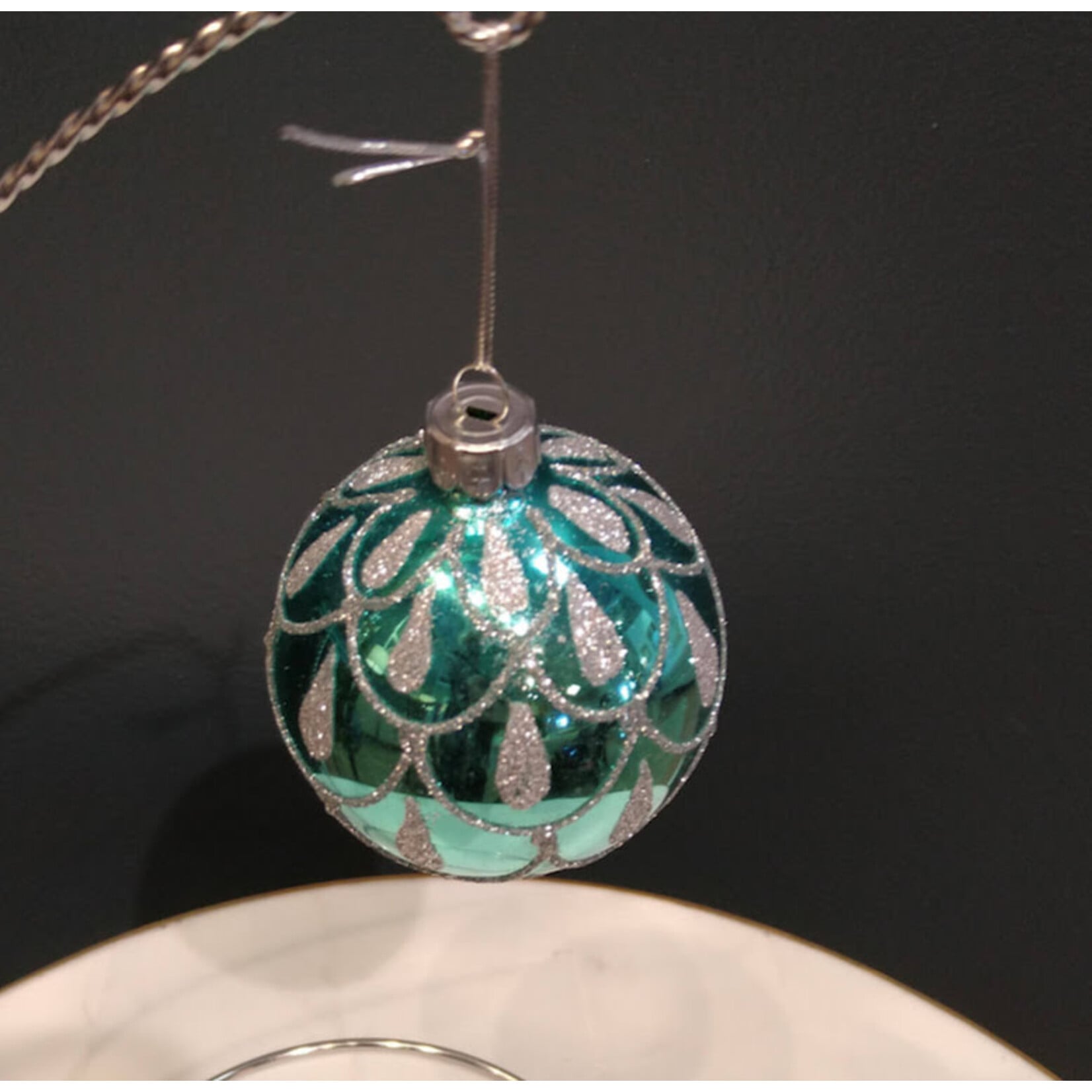 Two's Company Aqua & Silver Glitter Glass Ball Ornament 3" Medium
