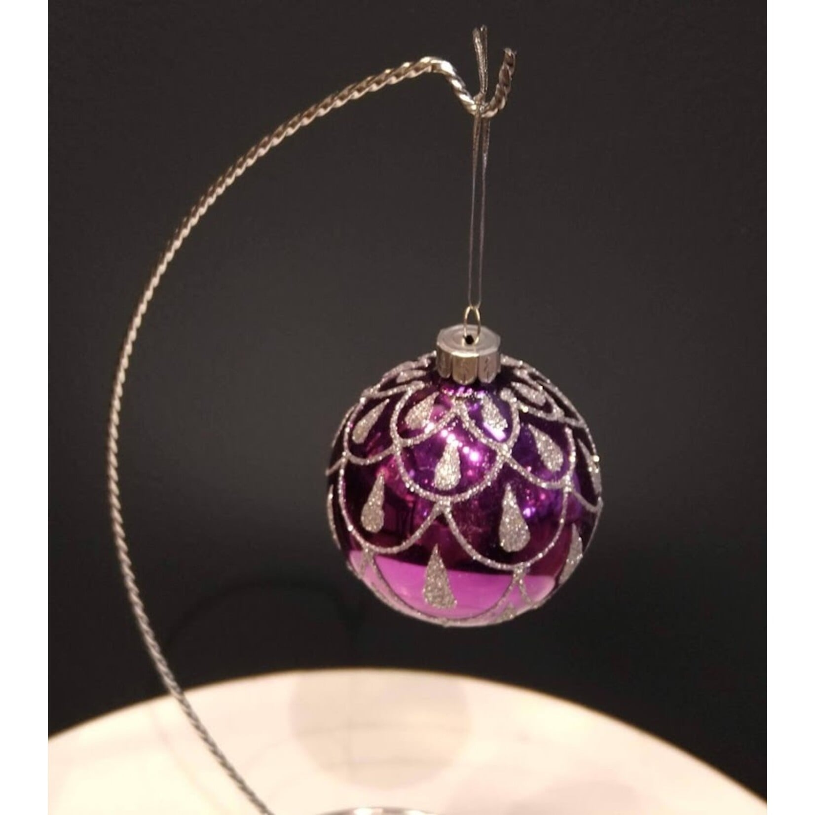 Two's Company Purple & Silver Glitter Glass Ball Ornament 2.5" Small