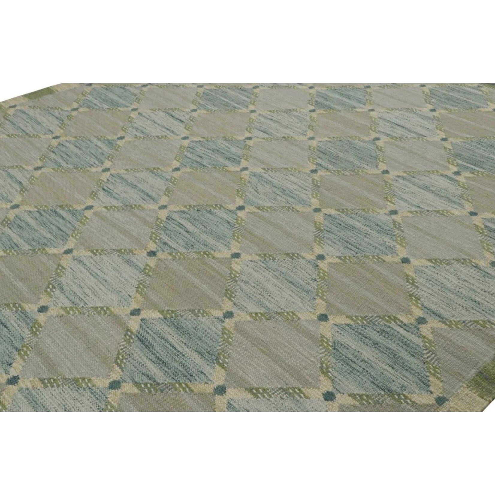 Rug & Kilim Scandinavian Flatweave Rug in Blue Green Diamond Lattice