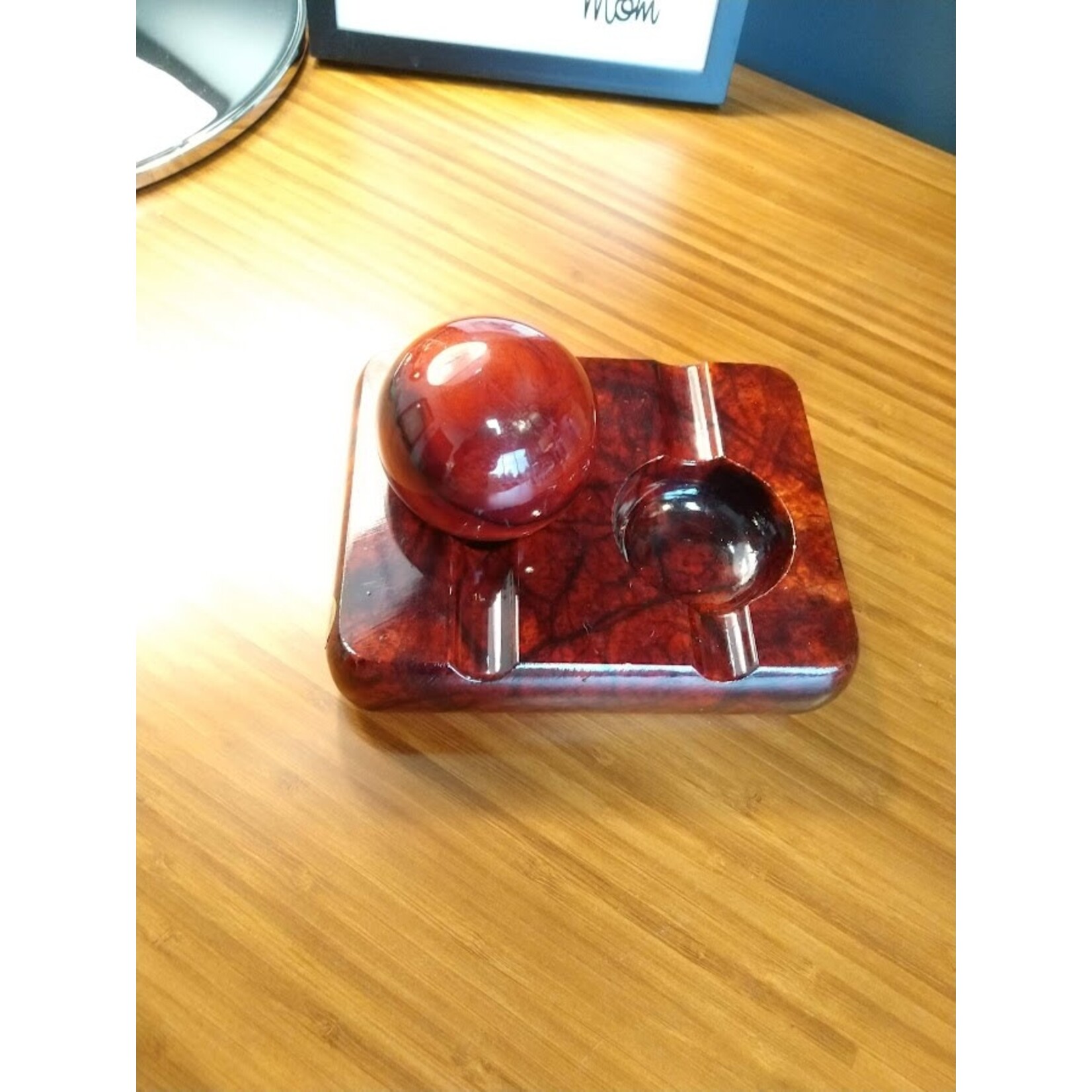 Carole Stupell LTD Rosewood Alabaster Double Cigar Pipe Ashtray with Sphere Paperweight