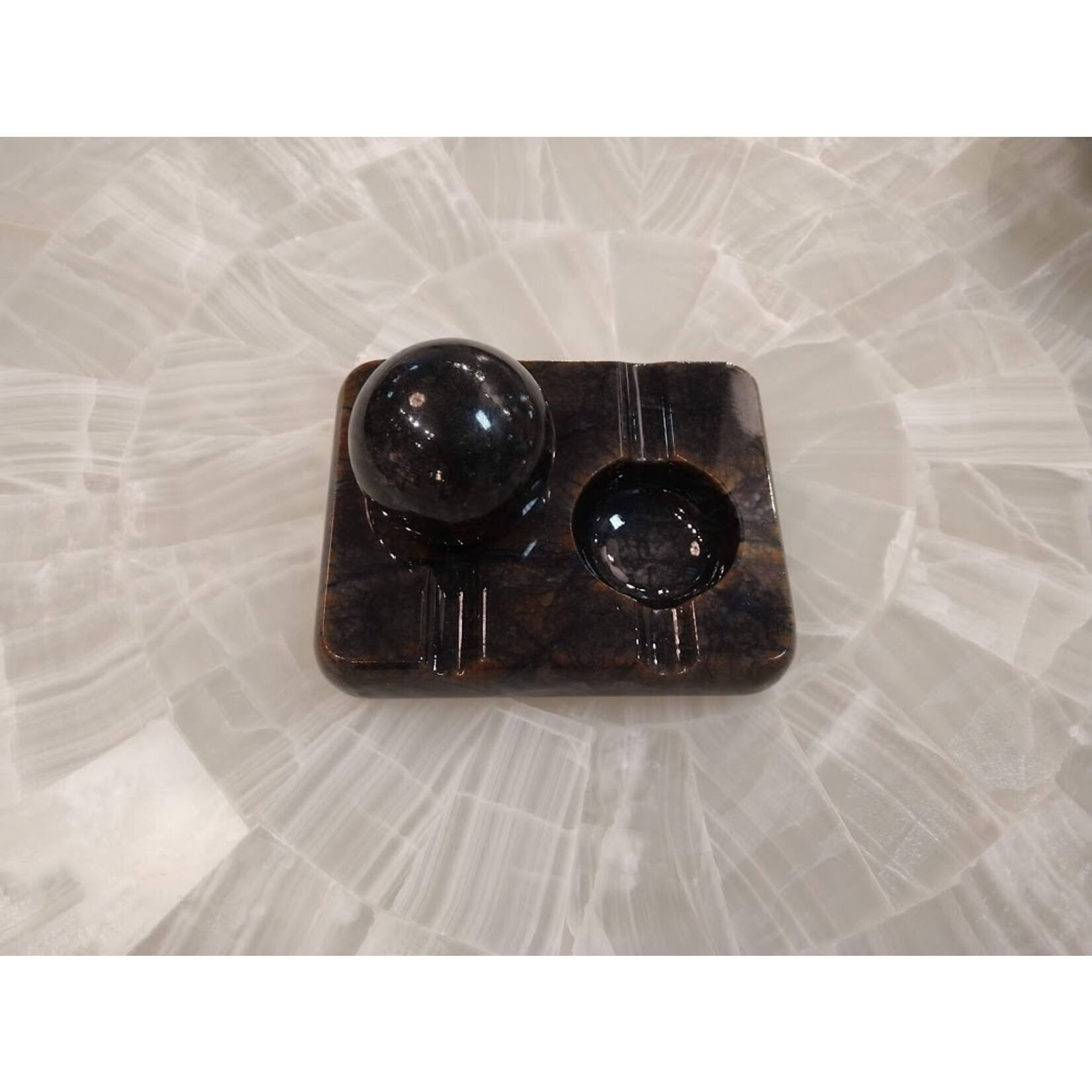 Carole Stupell LTD Black Amber Alabaster Double Cigar Pipe Ashtray with Sphere Paperweight