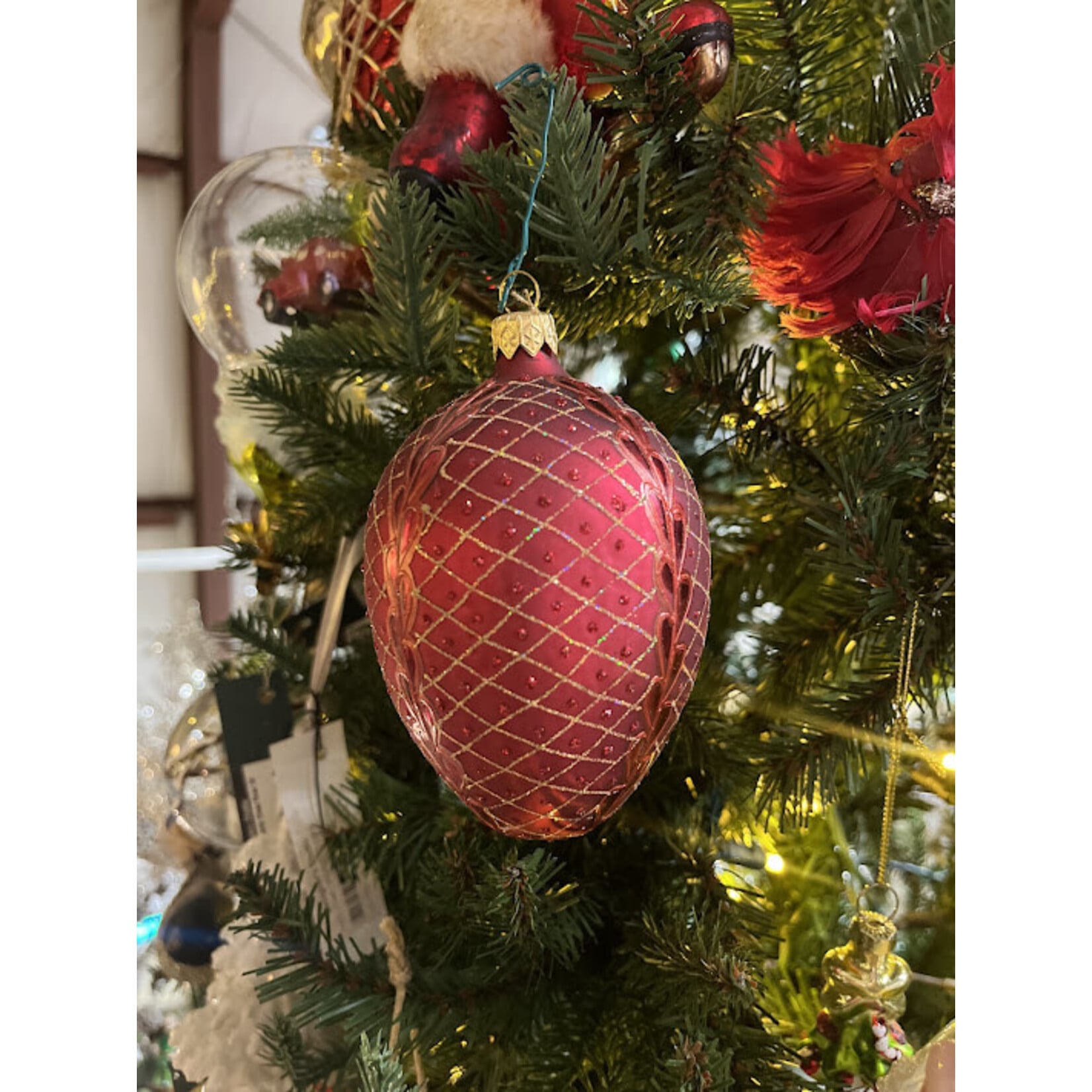 Tannenbaum Treasures Red Egg  with Gold Glitter Glass Ornament