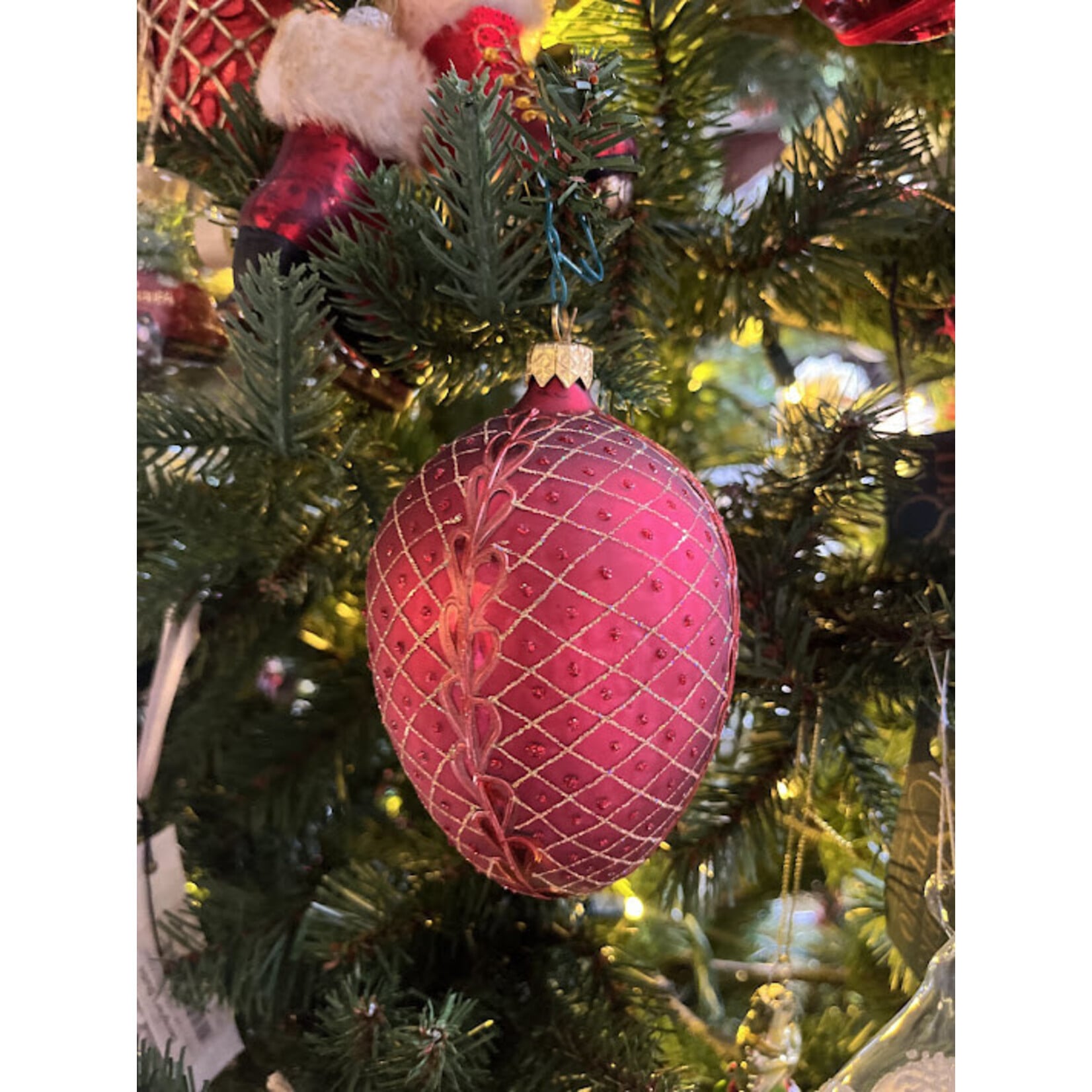 Tannenbaum Treasures Red Egg  with Gold Glitter Glass Ornament