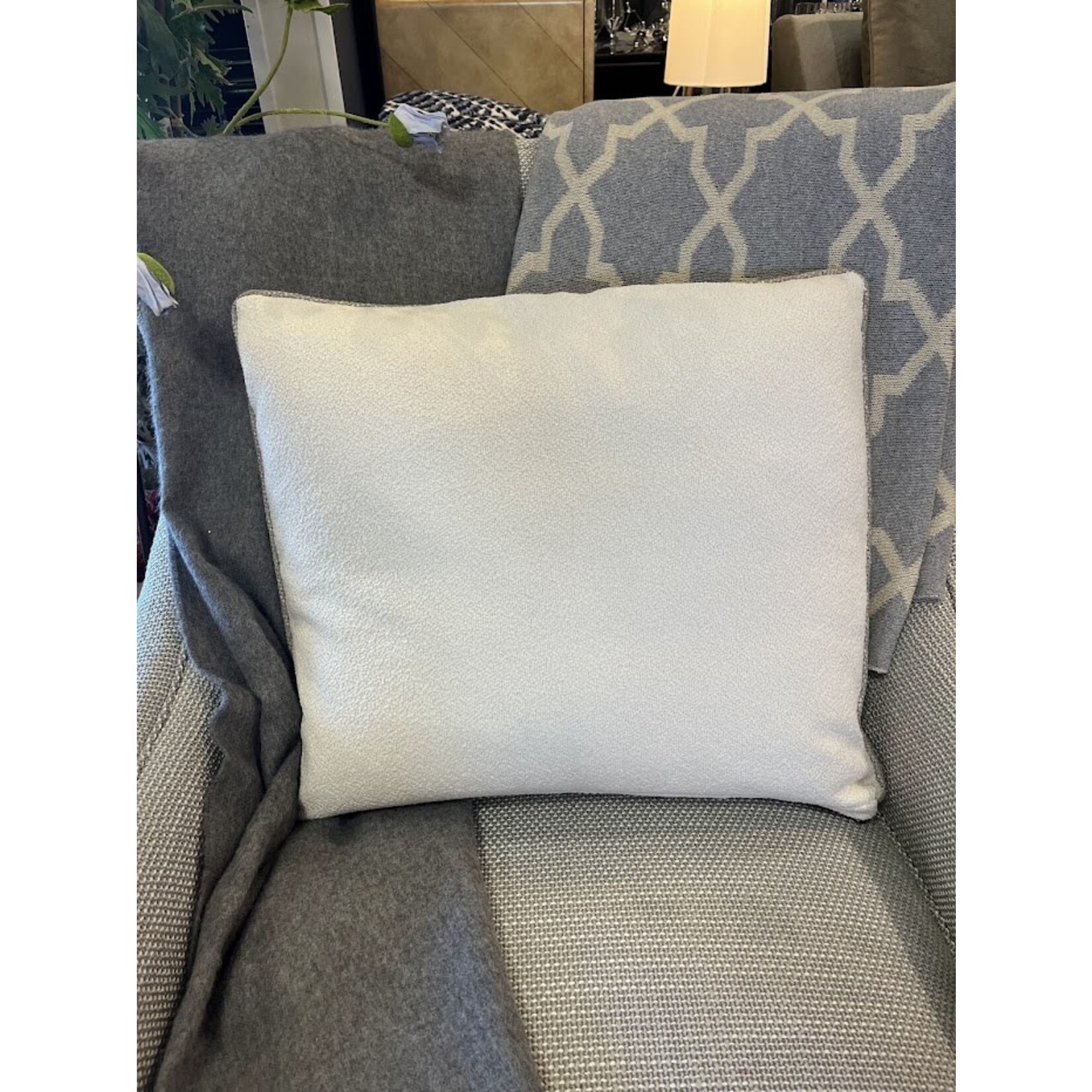 Jessica Charles Curlicue Chalk Throw Pillow with Moonstruck Fog Trim 20x18