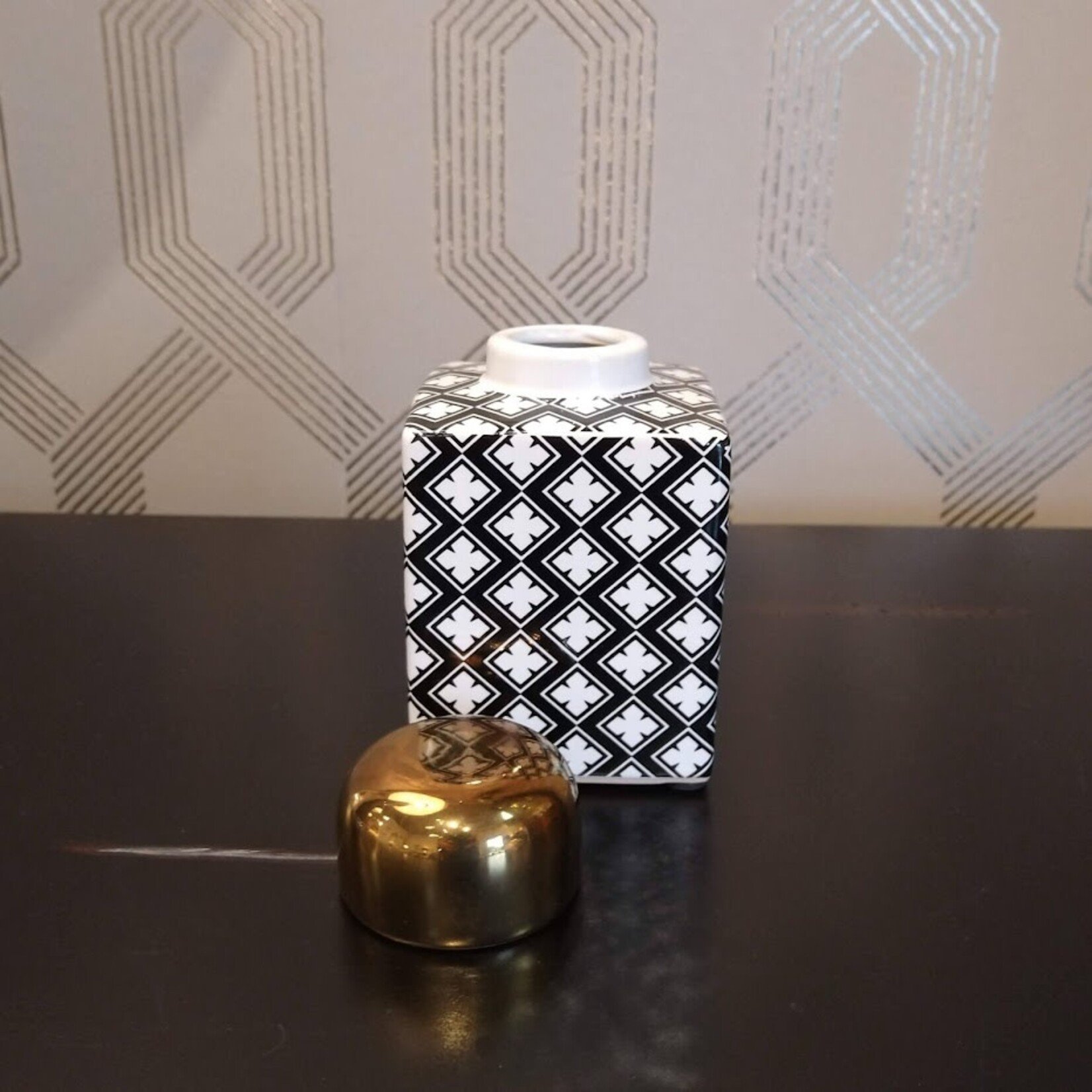 Two's Company Black & White Tea Jar with Brass Lid