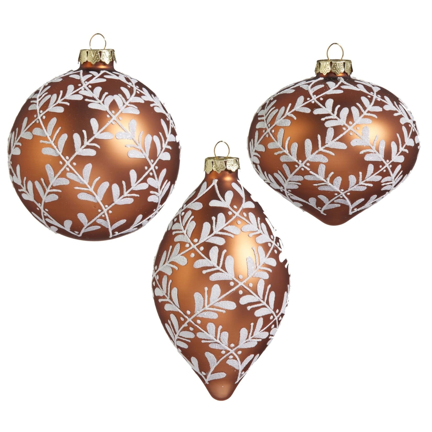 RAZ Imports Copper & White Leaf Pattern Bauble Ornament 4"