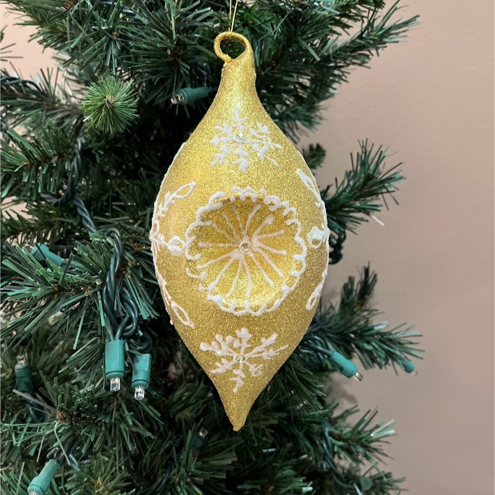 Peter's Seasons Blown Glass Gold & White Snowflake Ornament