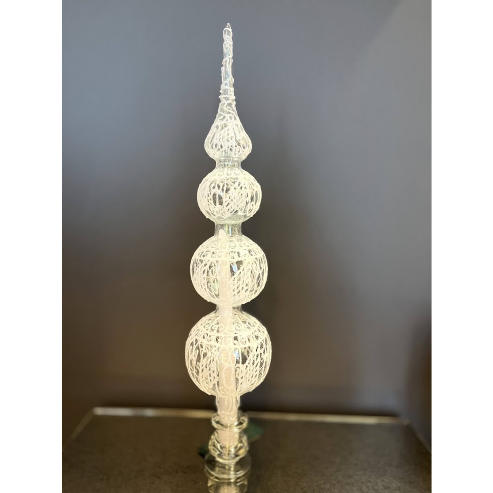 Peter's Seasons Clear with White Glitter Lace Glass Tree Topper Finial