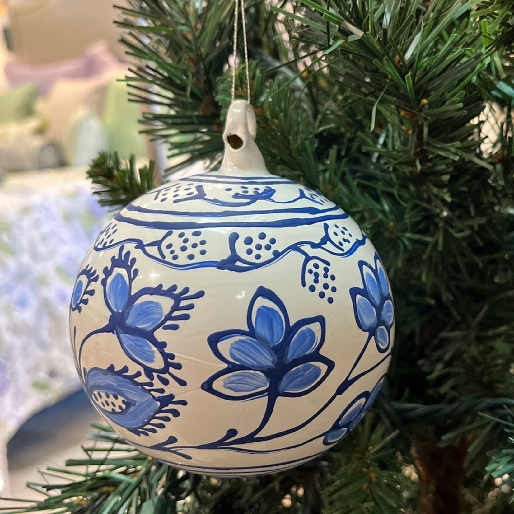 Peter's Seasons Hand Painted White & Blue Flowers Glass Ball Ornament