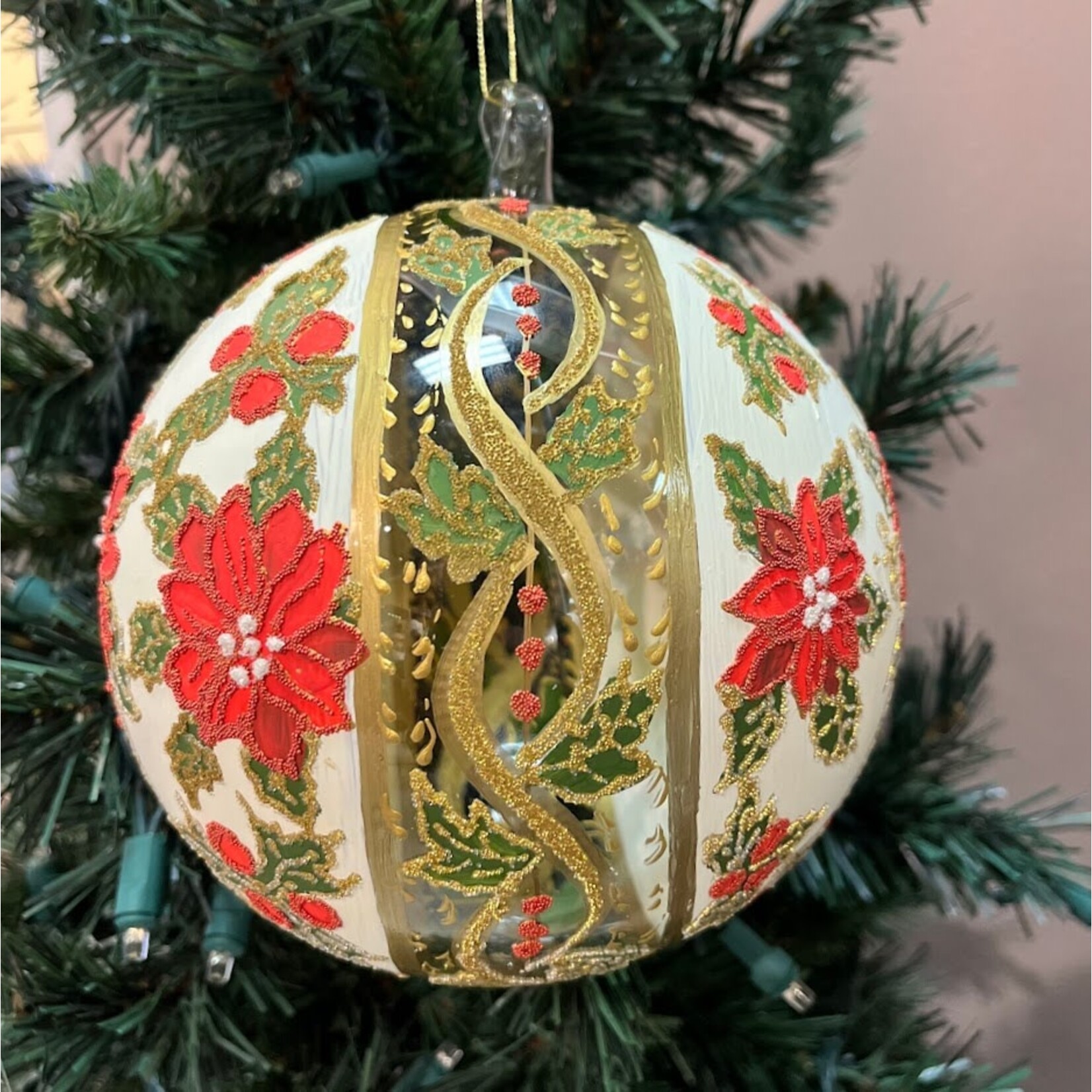 Peter's Seasons Handpainted Poinsettia Glass Ball Ornament