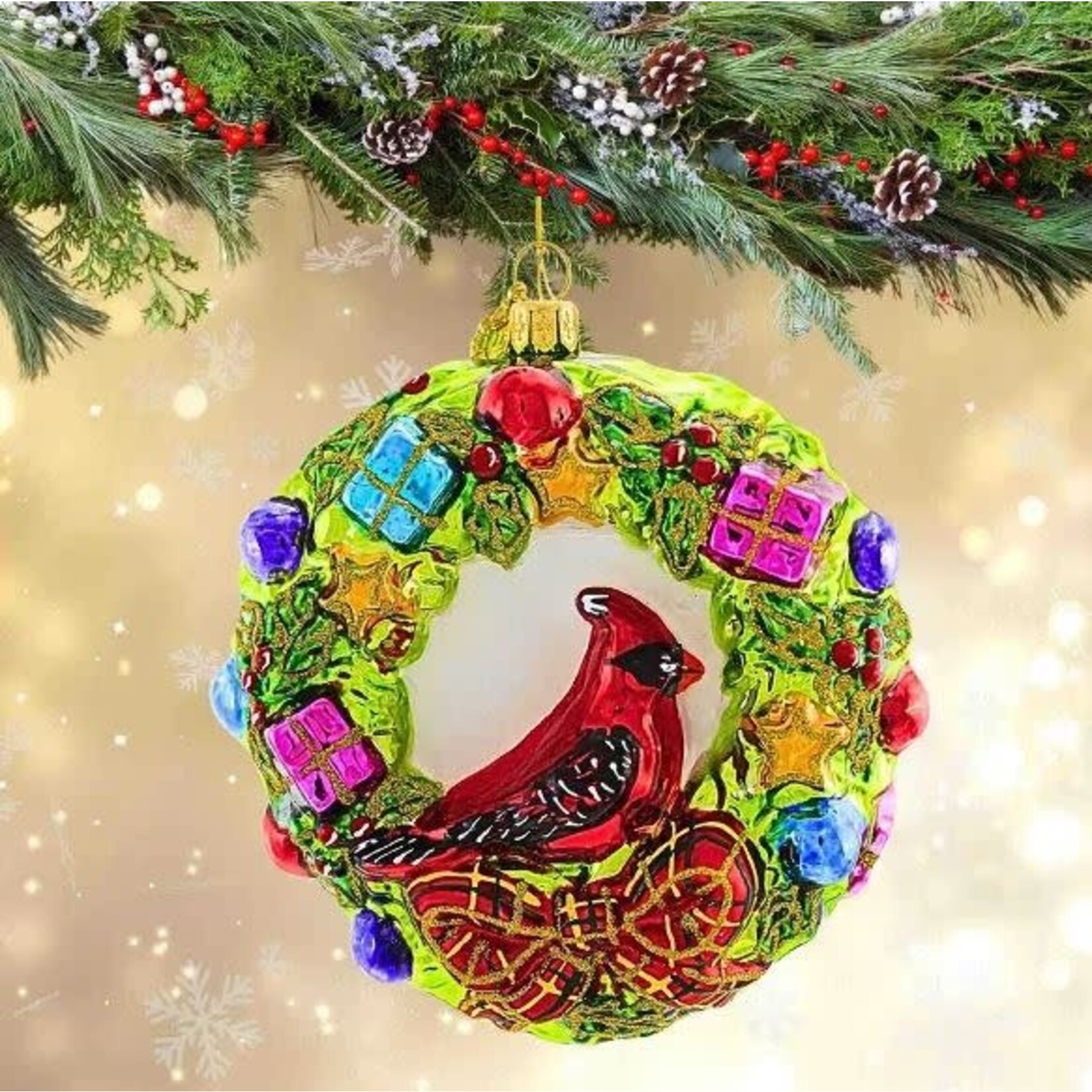 Huras Family Wreath with Christmas Cardinal Ornament