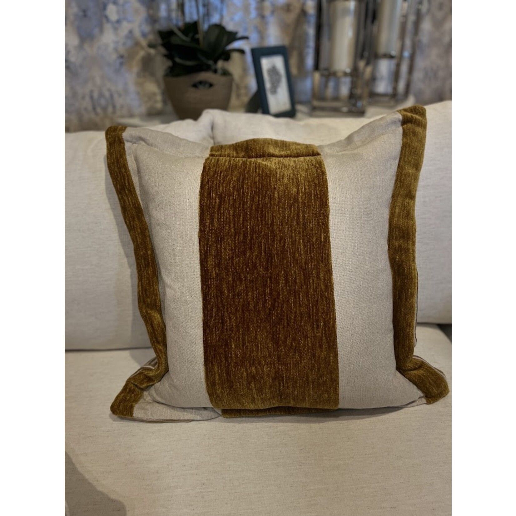 Gabby Wide Stripe Chenille Mustard 22x22 Feather Pillow