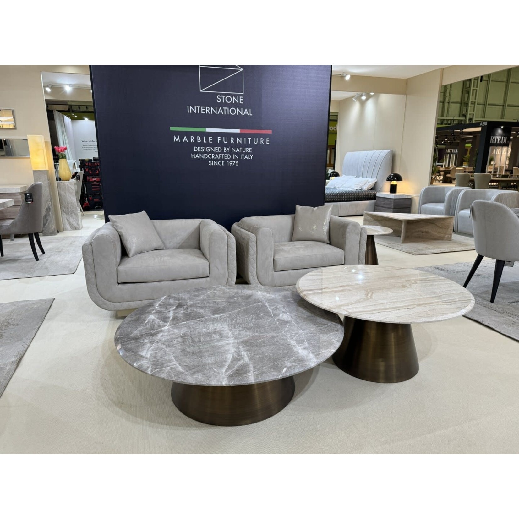 Stone International Malibu Round Cocktail Table with Apuan Storm Stone Top