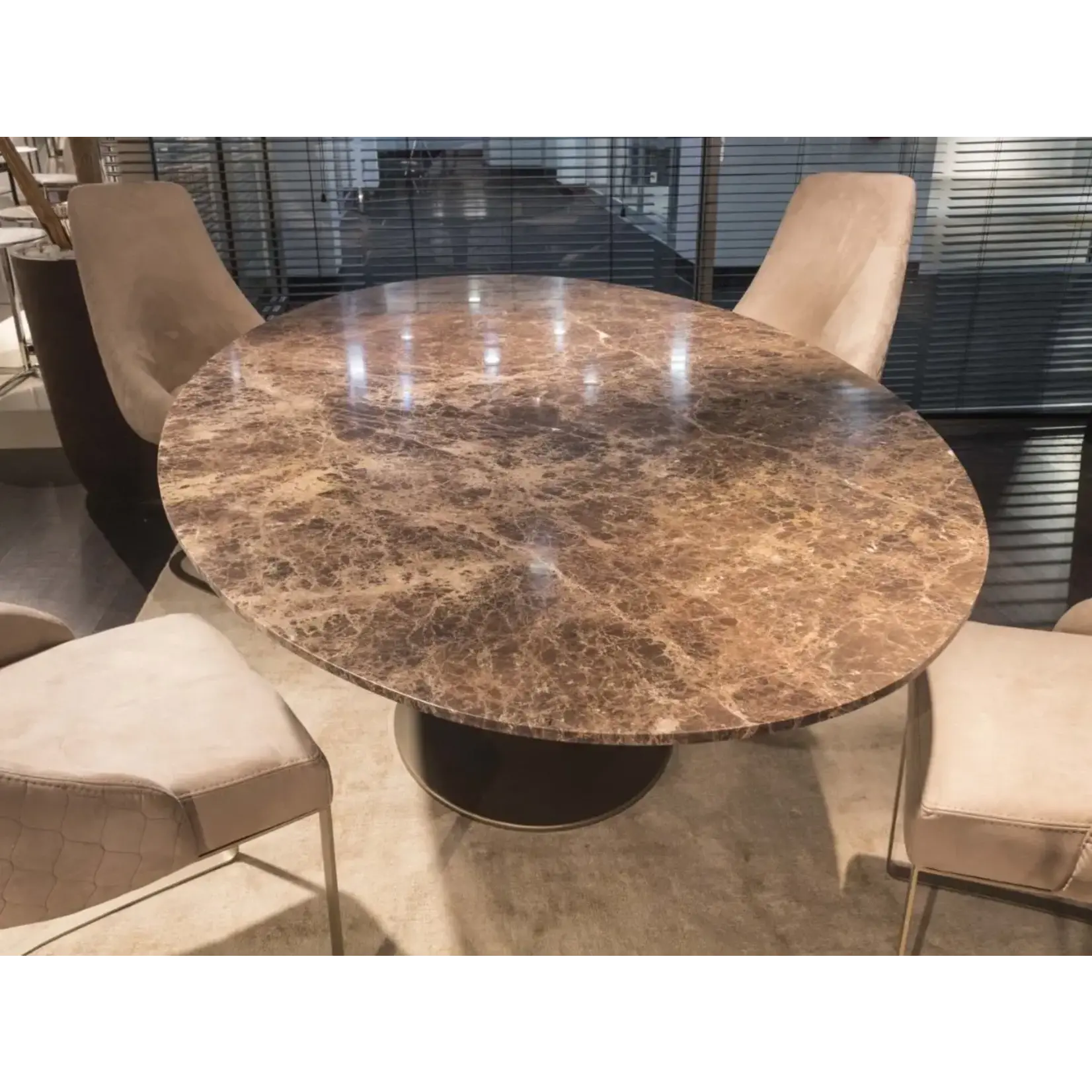Stone International Flute Oval Dining Table Imperador Marble Top Champagne Base