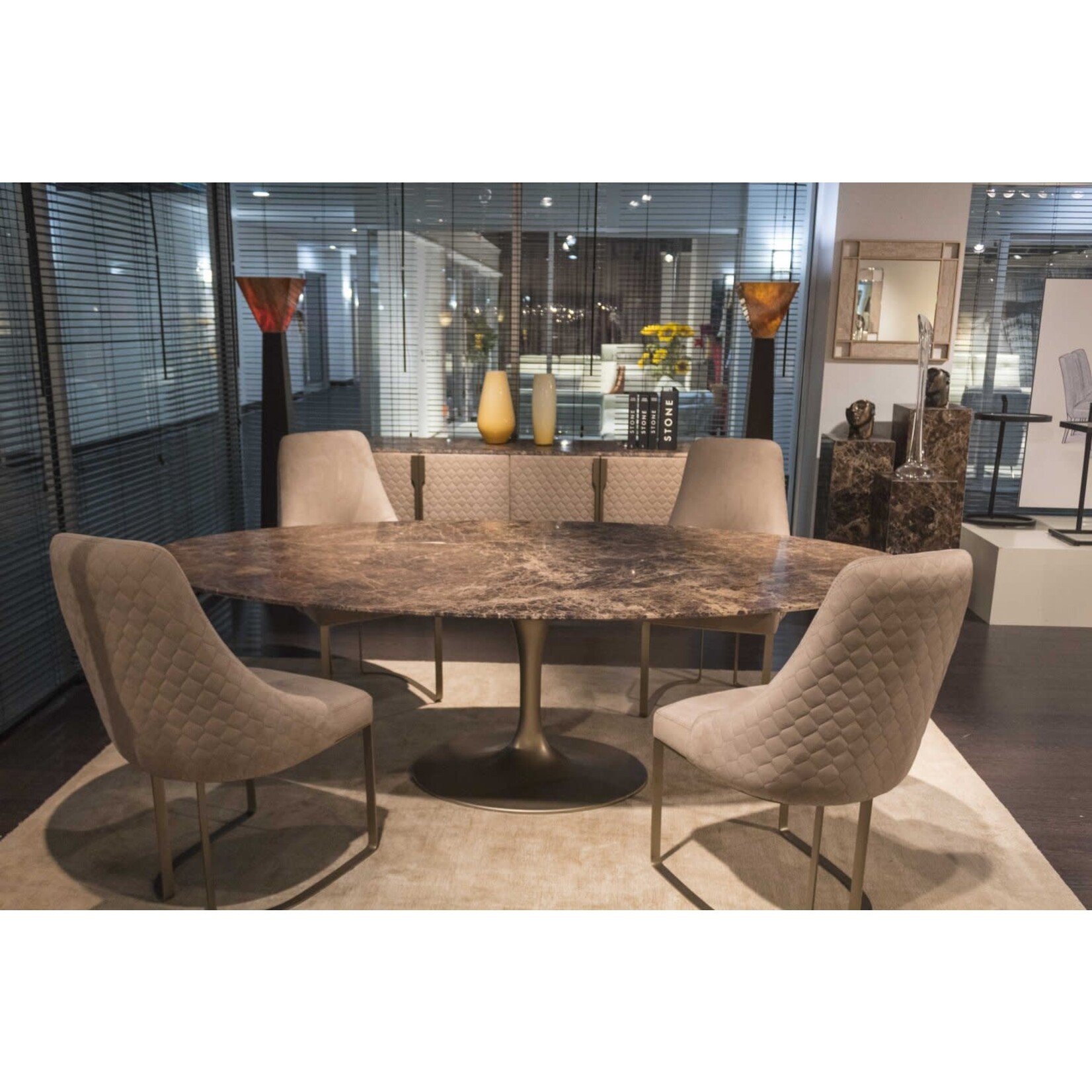 Stone International Diamond Upholstered Buffet Champagne Base Imperador Marble Top
