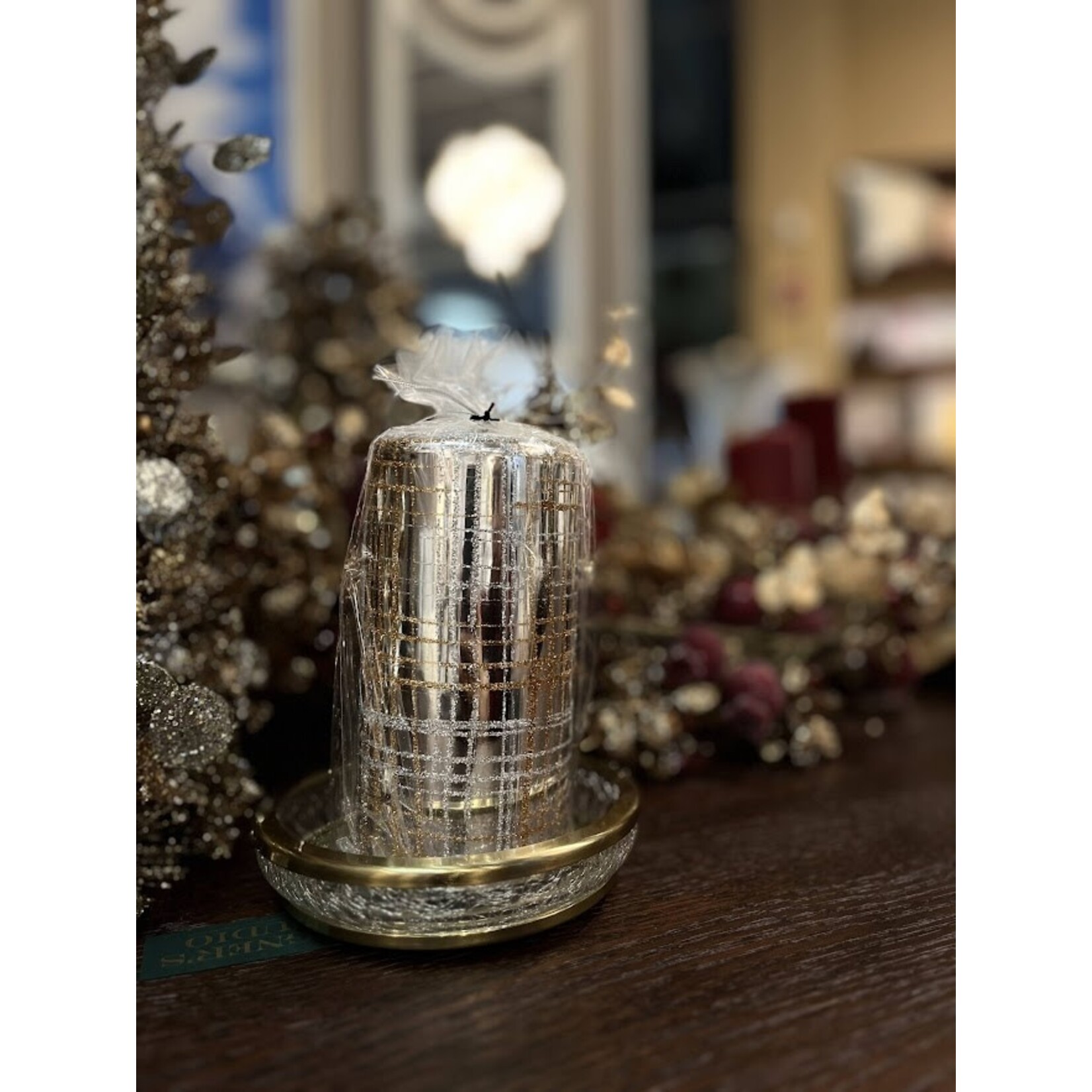 Zodax Metallic Pillar Candle Silver & Gold Glitter 6 In
