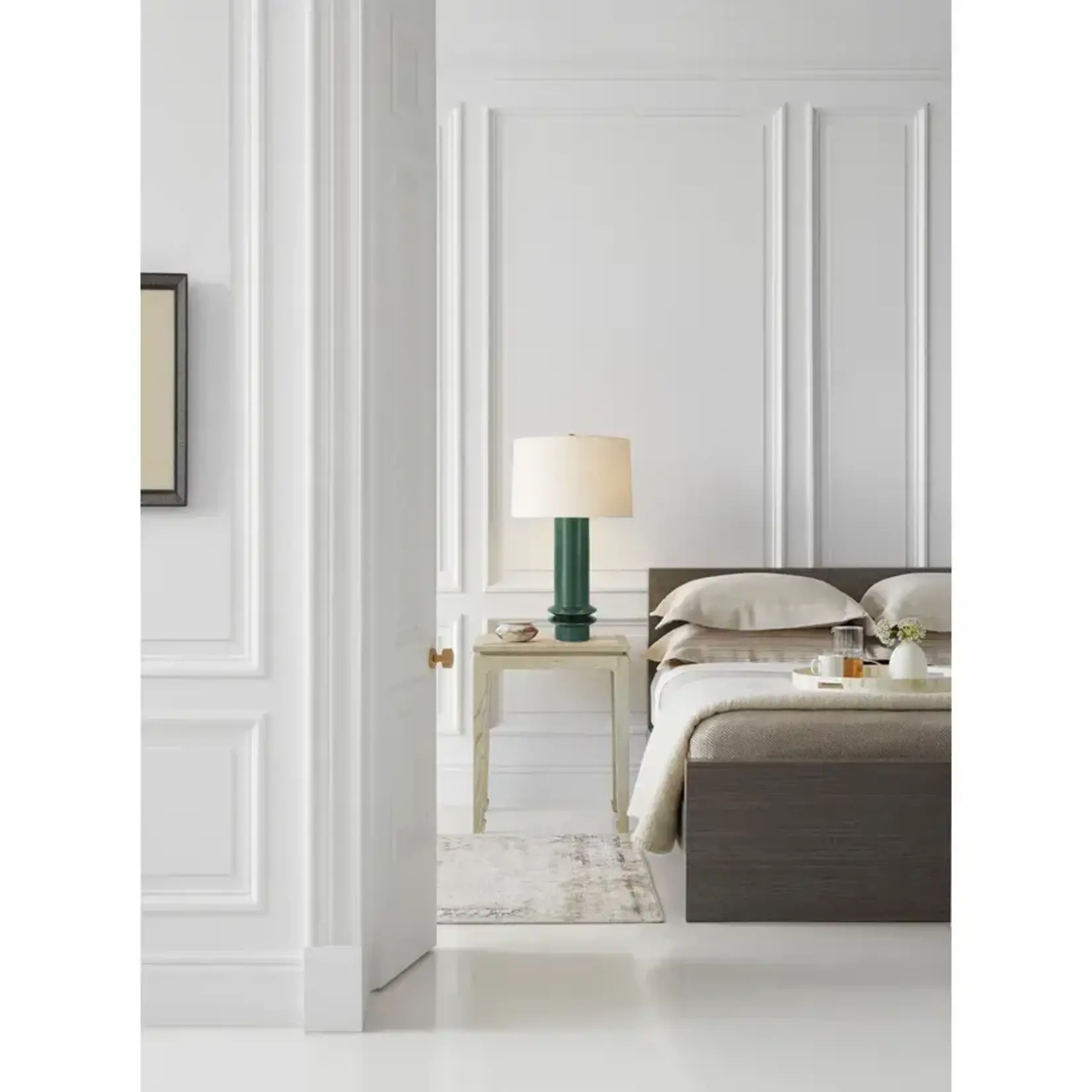 Visual Comfort Montaigne Medium Table Lamp in Emerald Crackle with Linen Shade