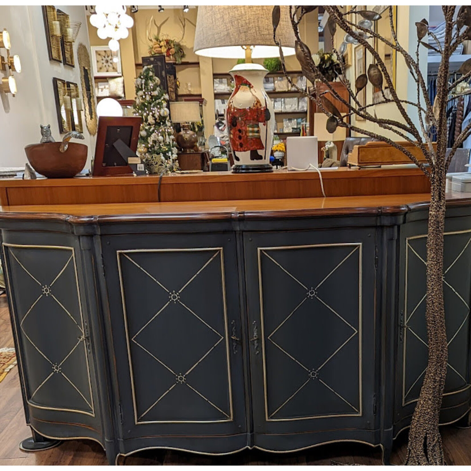 David Michael Painted Blue French Sideboard with Silver Accents & Walnut Top