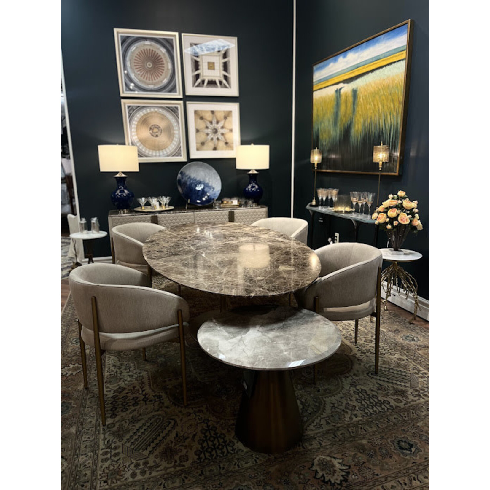 Stone International Flute Oval Dining Table Imperador Marble Top Champagne Base
