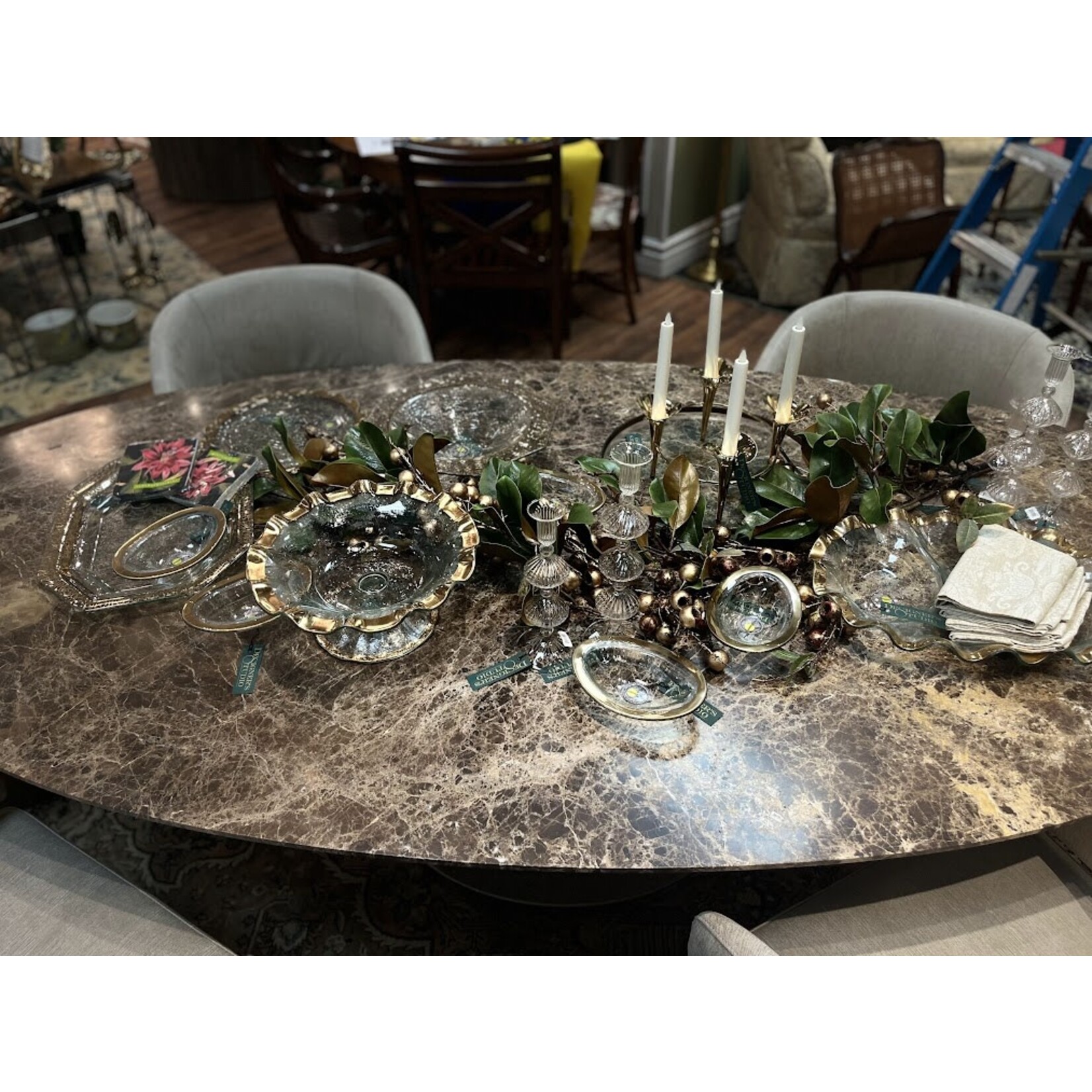Stone International Flute Oval Dining Table Imperador Marble Top Champagne Base