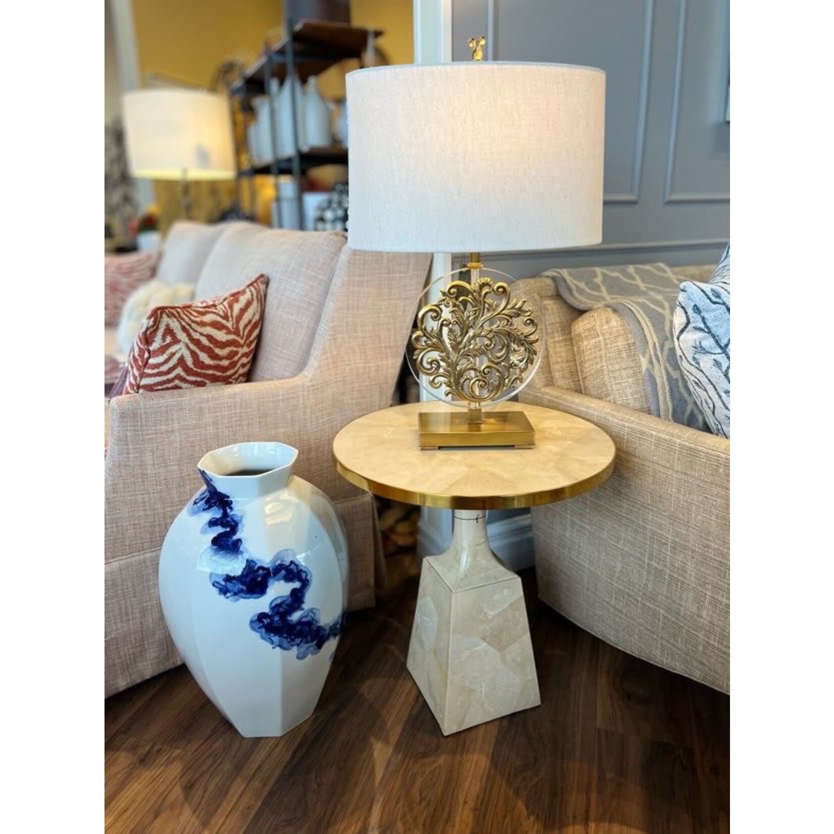 Maitland Smith Stone Pedestal Occasional Table White Fossil Stone Inlaid