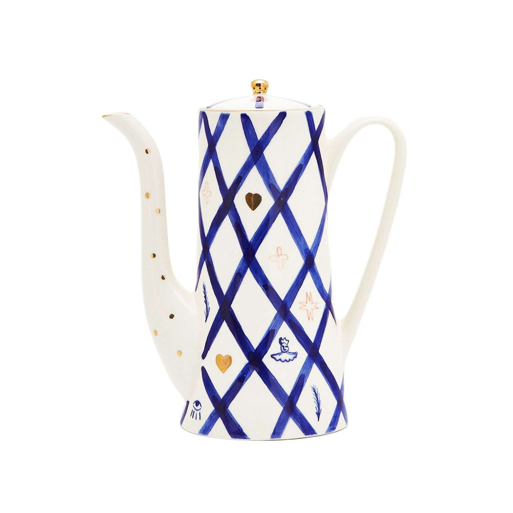 Gunia Project Hand Painted White Blue & Gold Rabbit Teapot