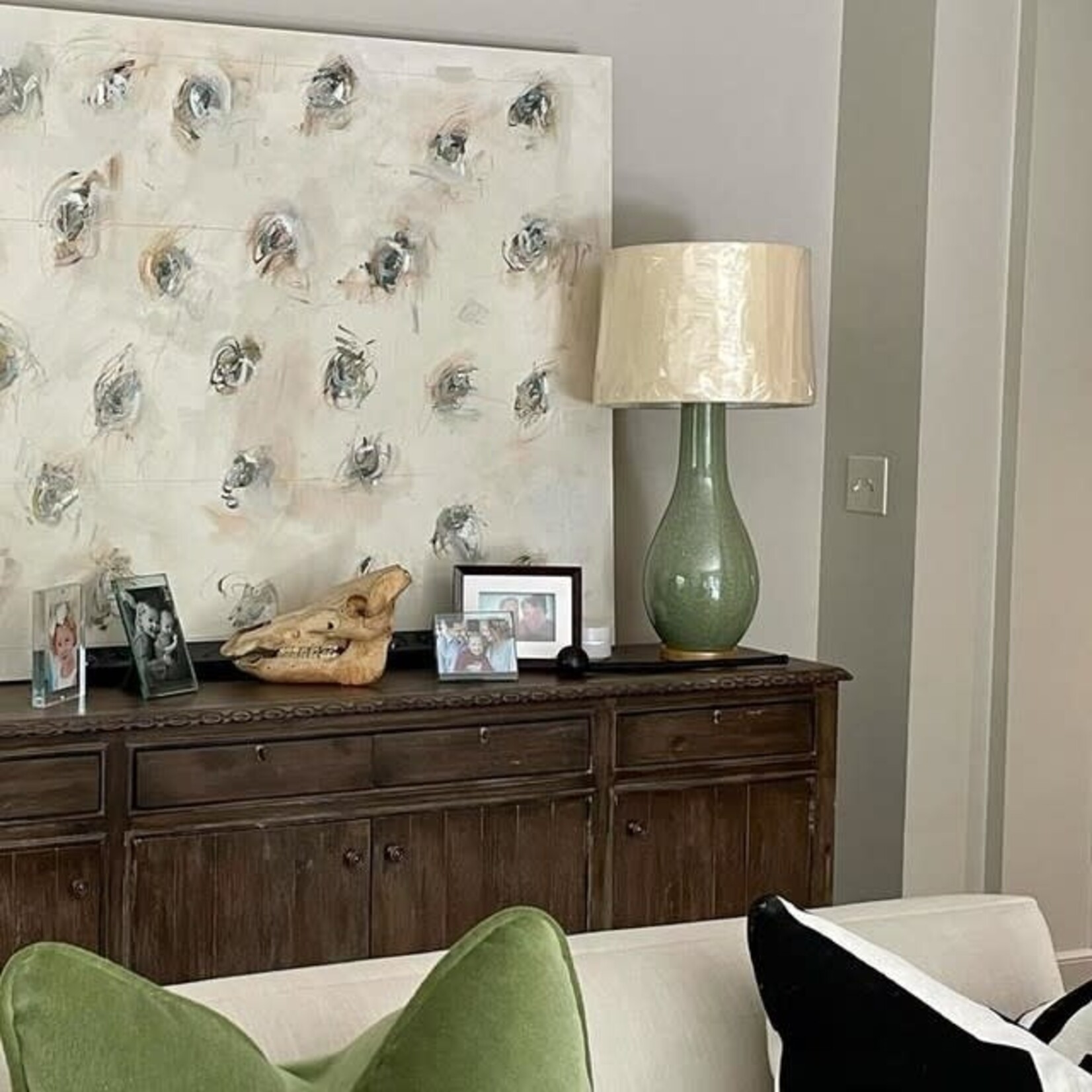Visual Comfort Orson Balustrade Form Table in Shellish Kiwi with Natural Paper Shade