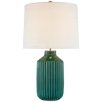 Visual Comfort Braylen Medium Ribbed Table Lamp in Emerald Green Crackle with Linen Shade