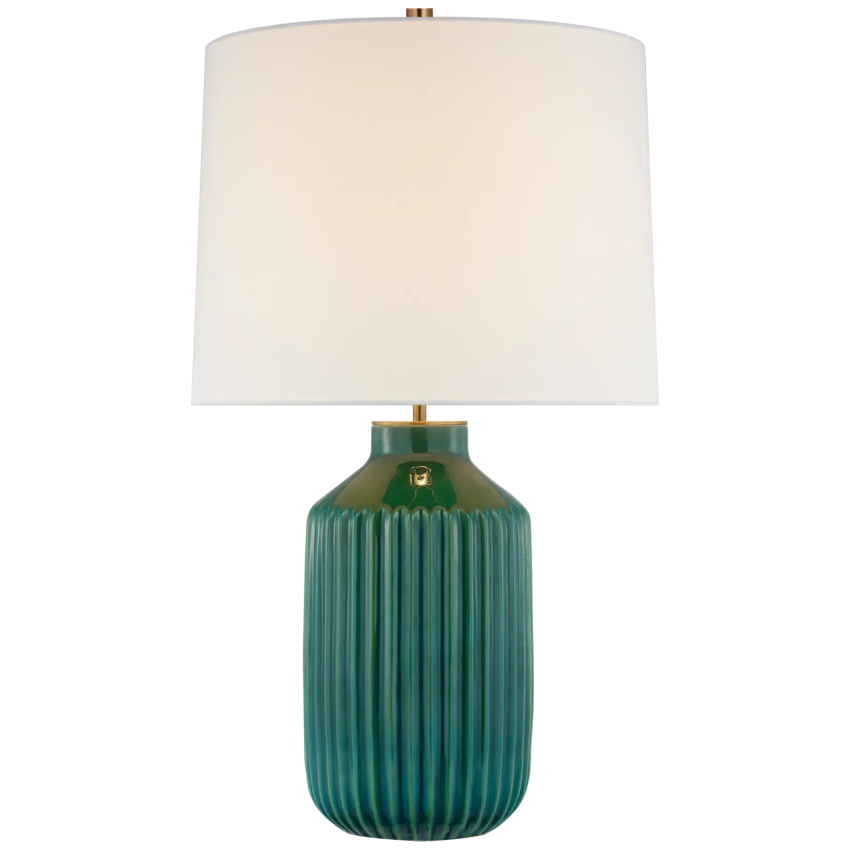 Visual Comfort Braylen Medium Ribbed Table Lamp in Emerald Green Crackle with Linen Shade