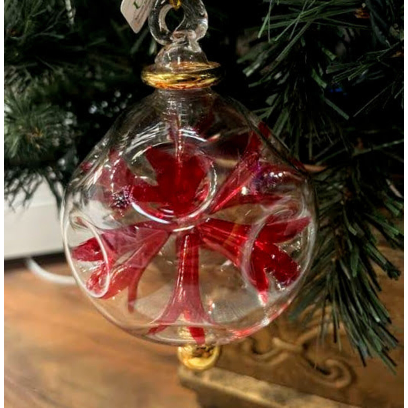 Unique Tradings Clear with Red Flowers Glass Ball Ornament