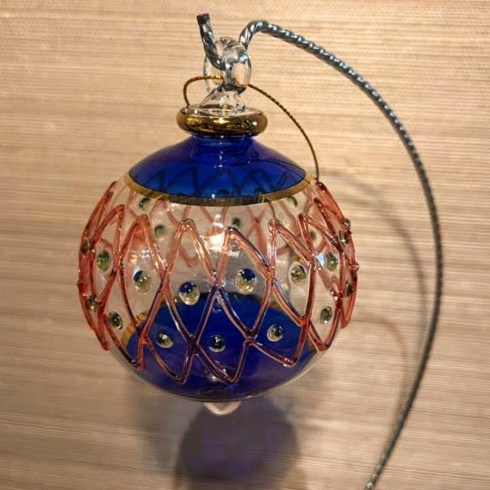 Unique Tradings Red & Blue with Gold Lattice Glass Ball Ornament