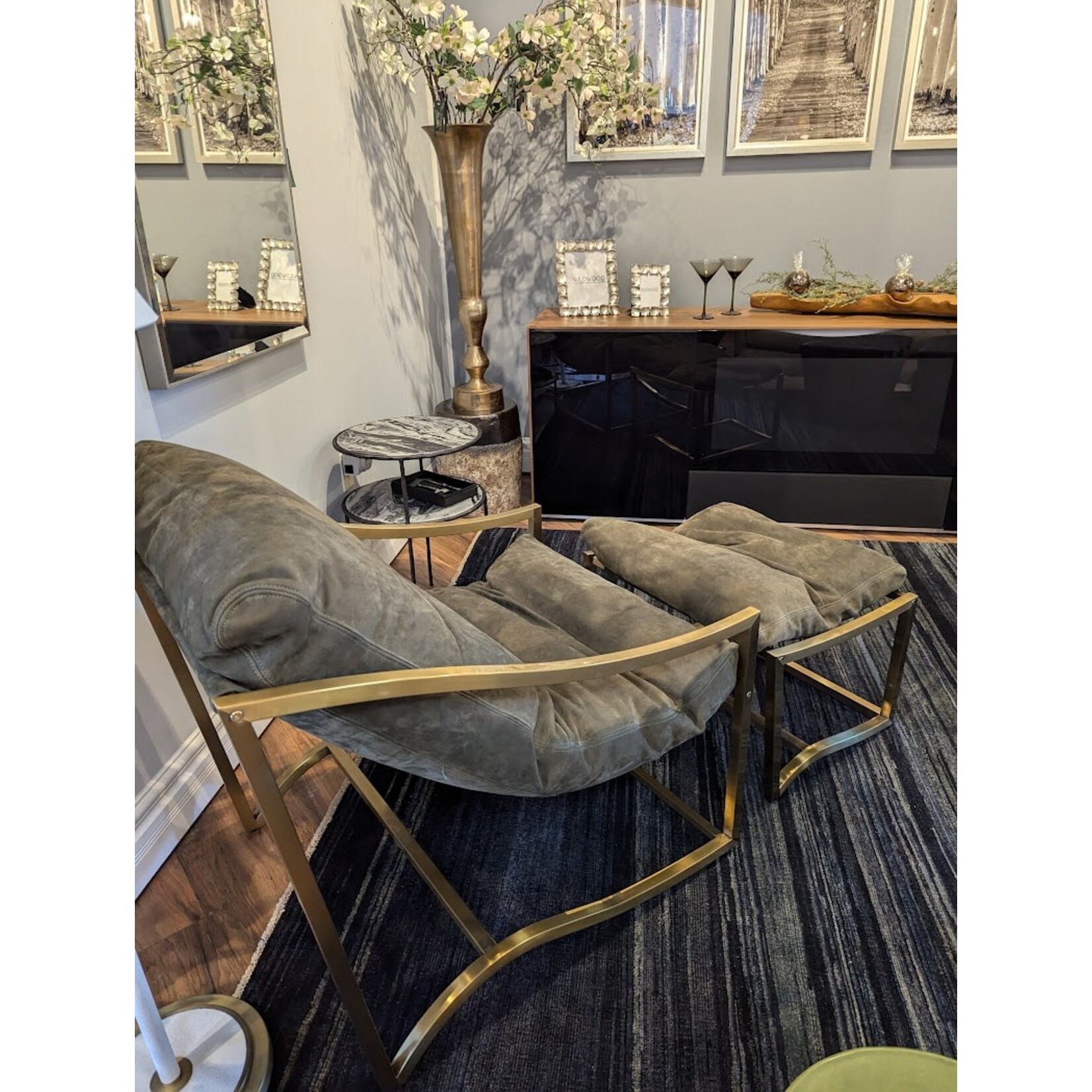 Our House Designs Carmel Sling Chair in Brushed Brass Cuzco Moss Nubuck