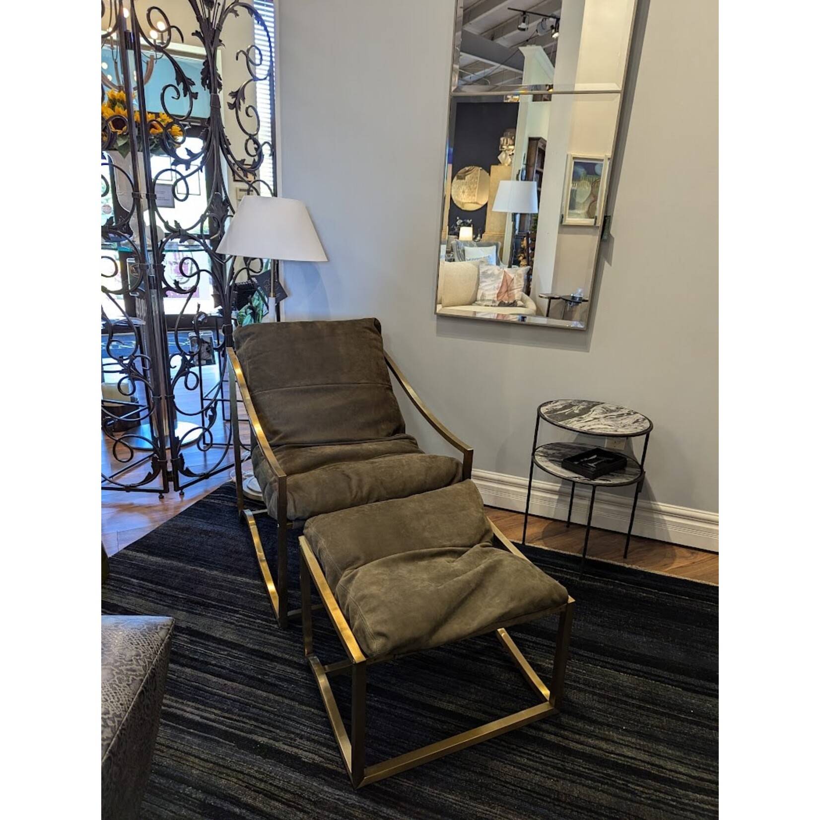Our House Designs Carmel Sling Chair in Brushed Brass Cuzco Moss Nubuck