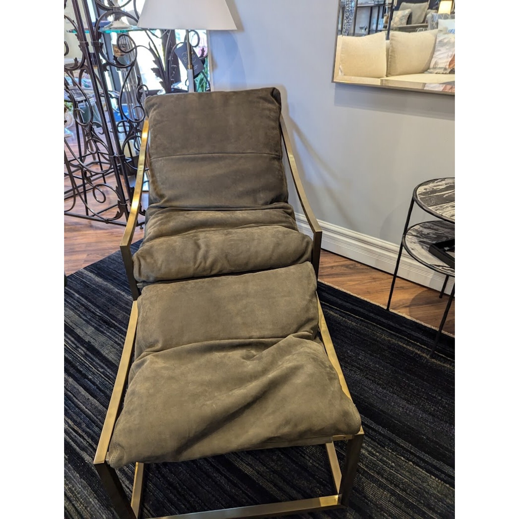 Our House Designs Carmel Sling Ottoman in Brushed Brass Cuzco Moss Nubuck