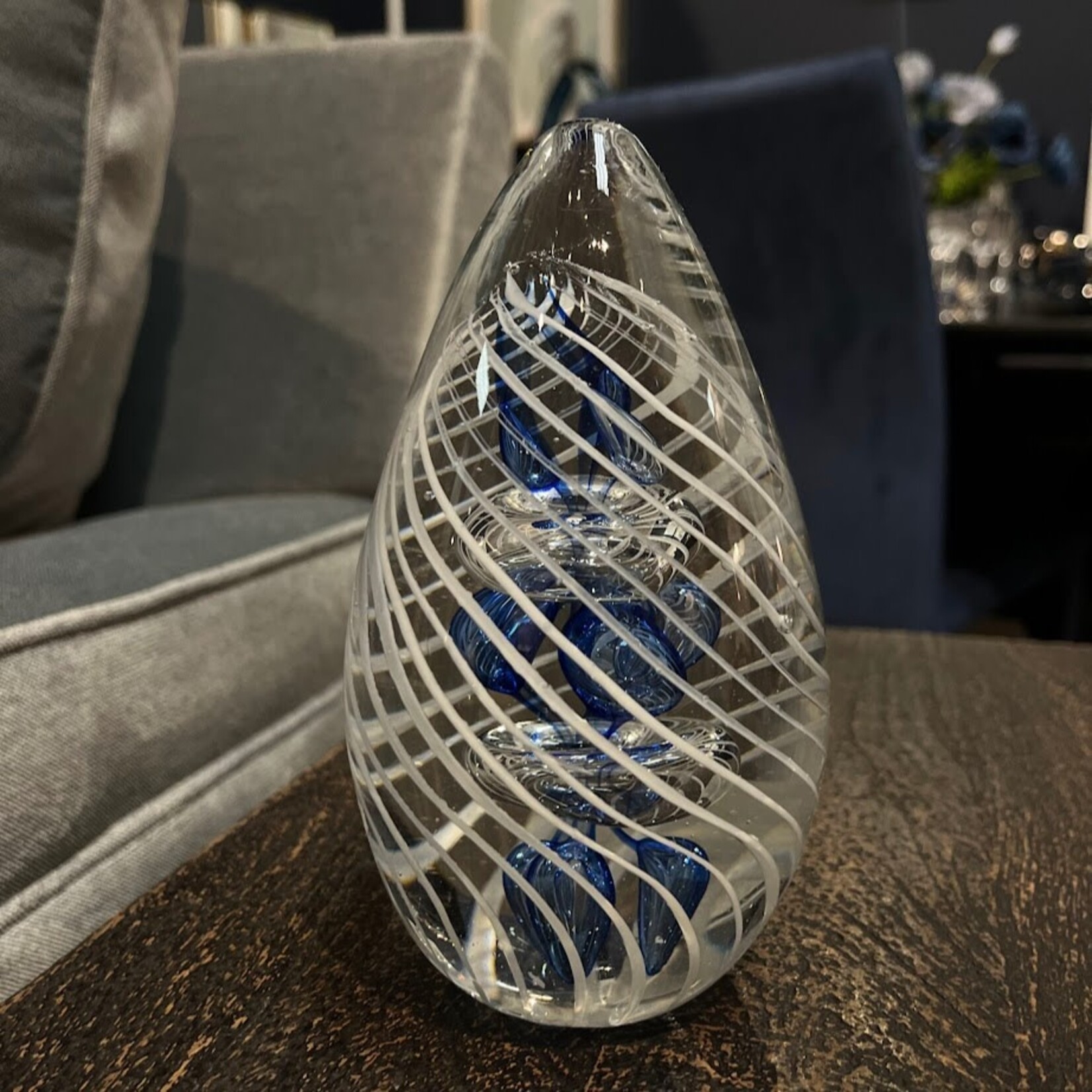 Carole Stupell LTD Vintage Art Glass Egg Paperweight Blue Spiral