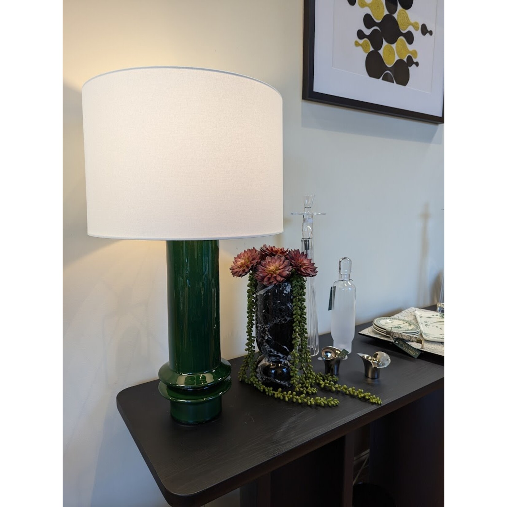 Visual Comfort Montaigne Medium Table Lamp in Emerald Crackle with Linen Shade