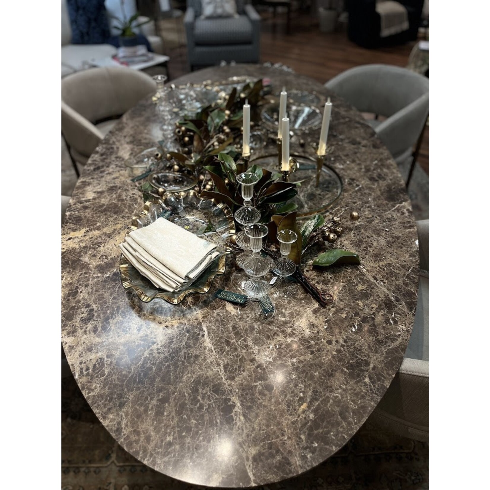 Stone International Flute Oval Dining Table Imperador Marble Top Champagne Base