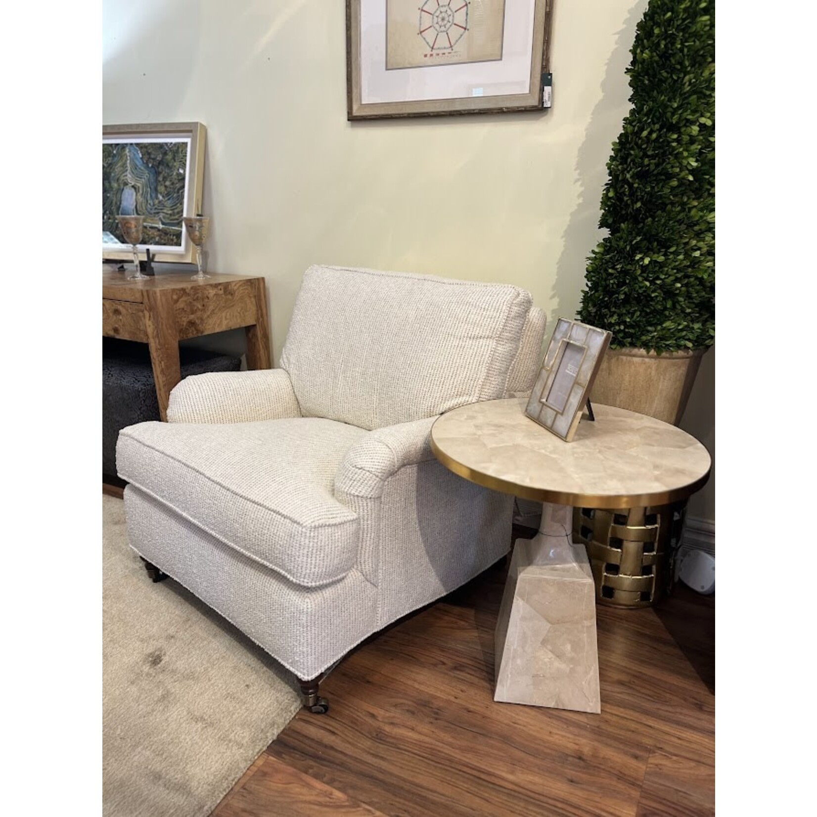 Maitland Smith Stone Pedestal Occasional Table White Fossil Stone Inlaid