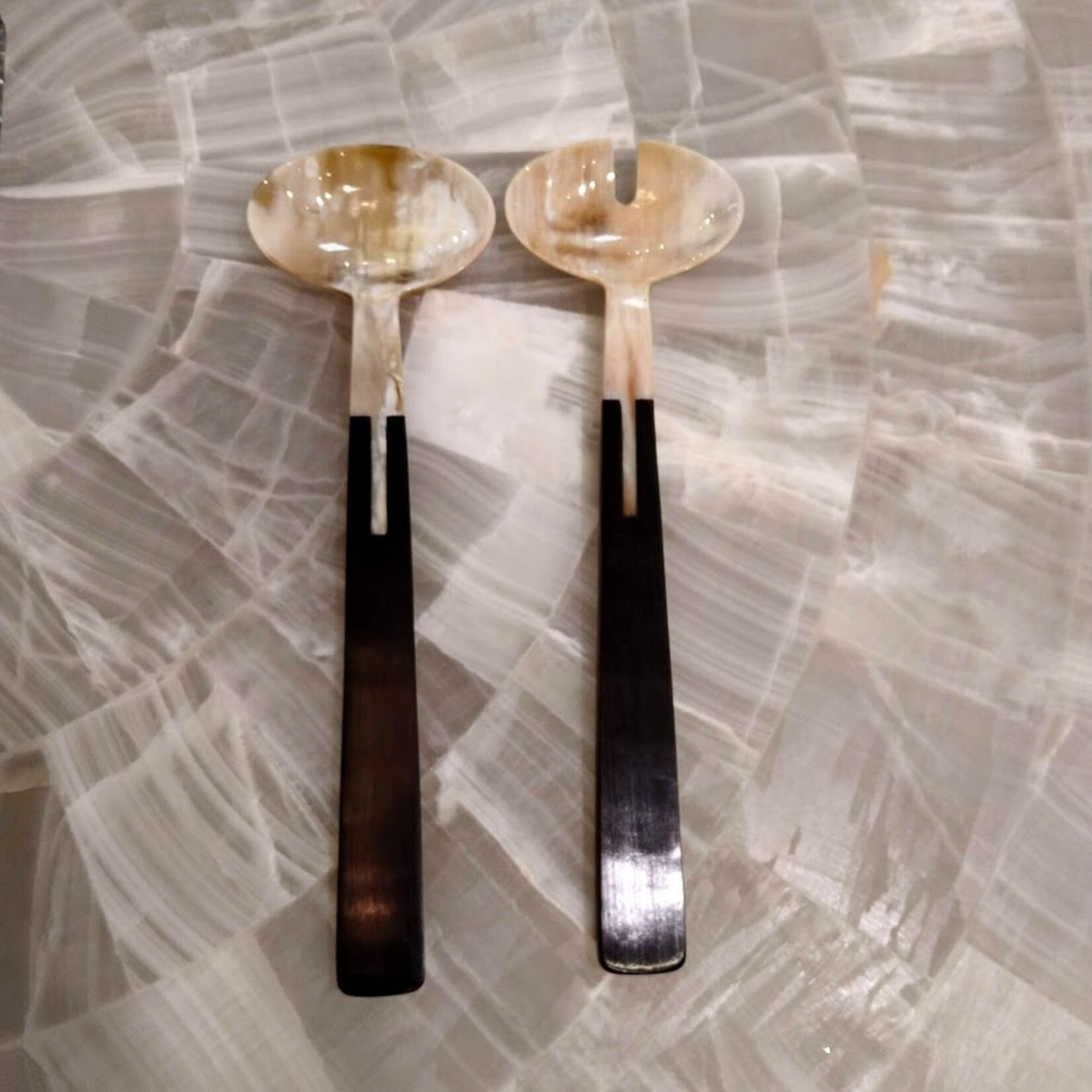 Carole Stupell LTD Natural African White Horn Ebonywood Salad Servers Set of 2