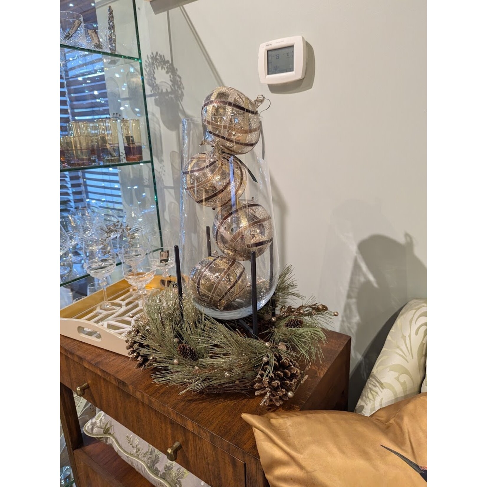 Napa Home and Garden Taupe Gold Plaid Glass Ornament Ball