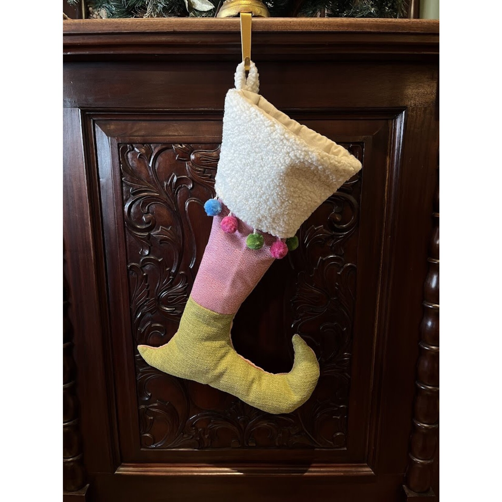 Nicky's Notions Holiday Tall  Stocking Pink Green with Pom Poms