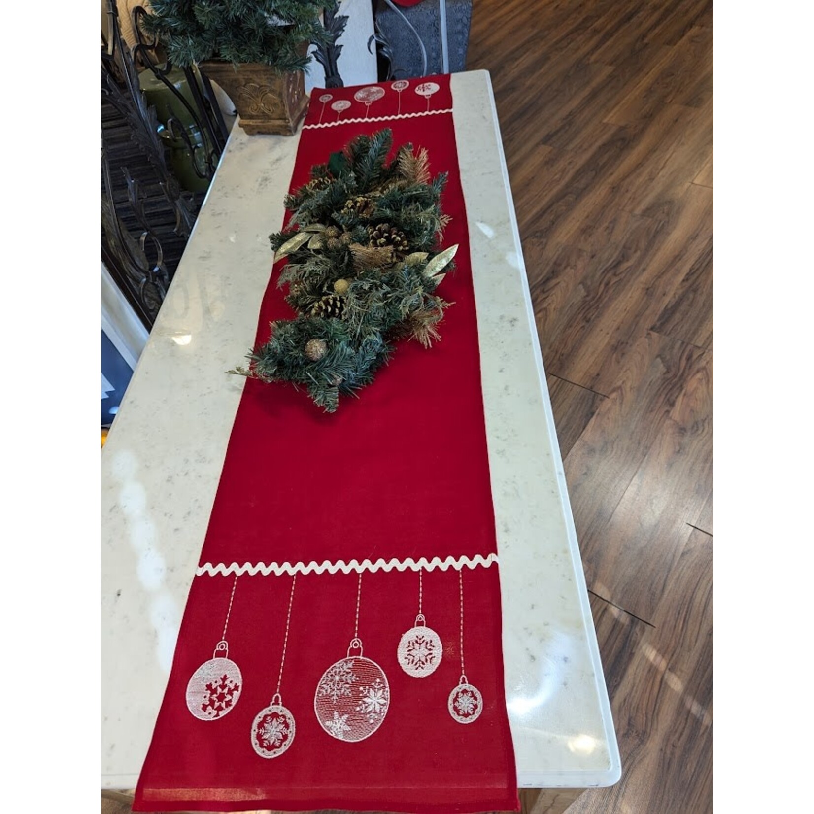 Saro Trading Company Red Tablecloth Runner with Ornaments