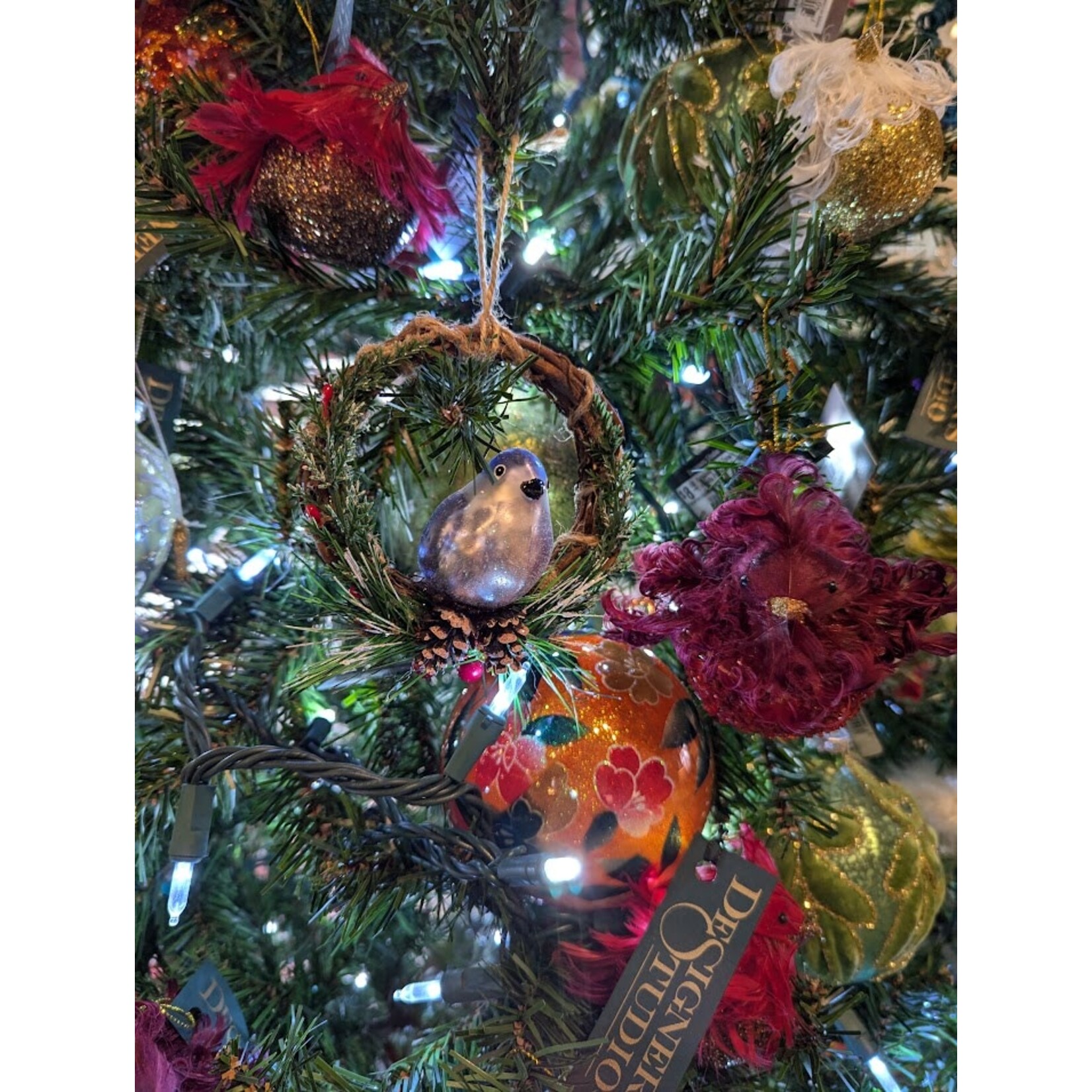 Katherine's Collection Glass Blue Bird on Wreath Ornament