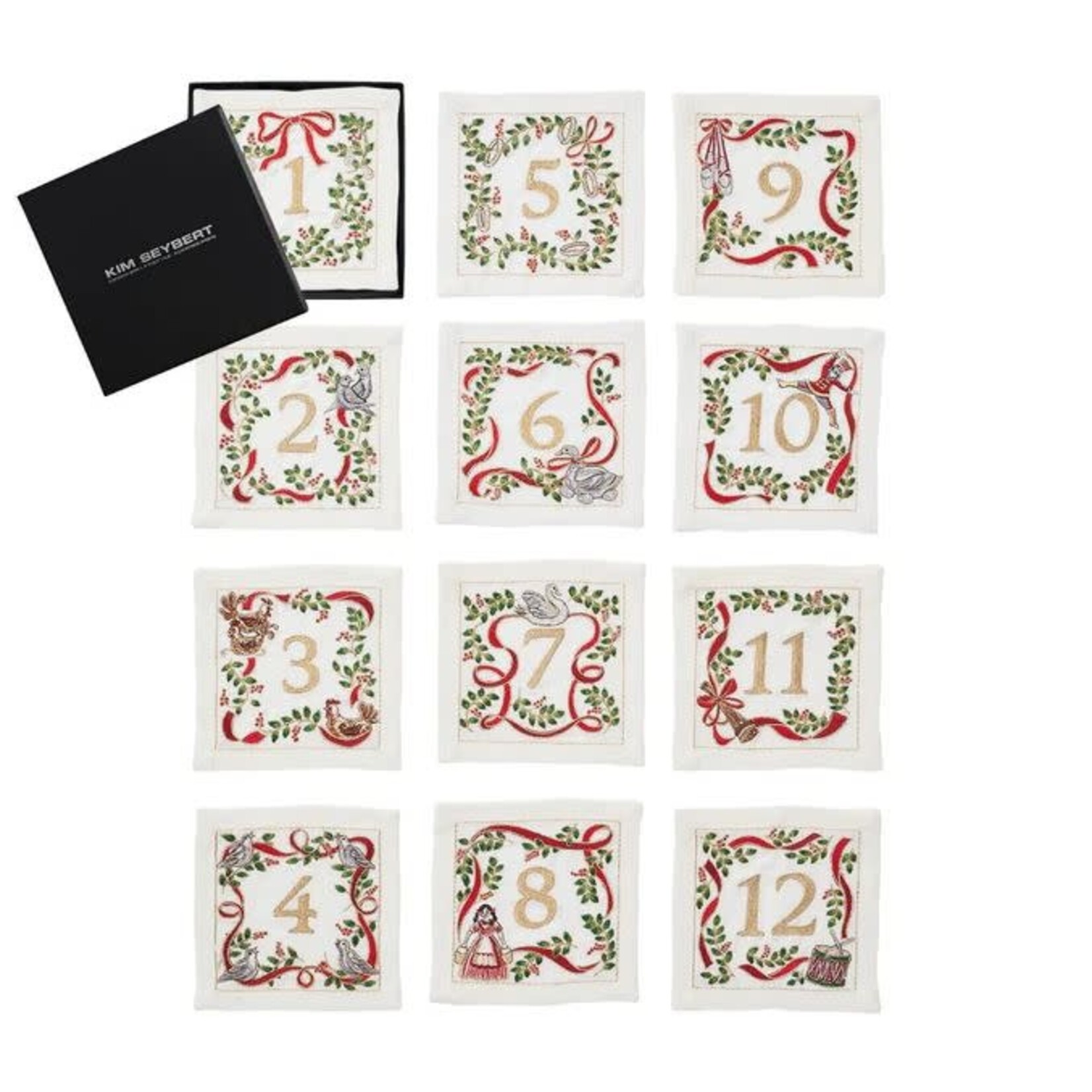 Kim Seybert Xmas Carol Cocktail Napkin in White Red Green Set of 12